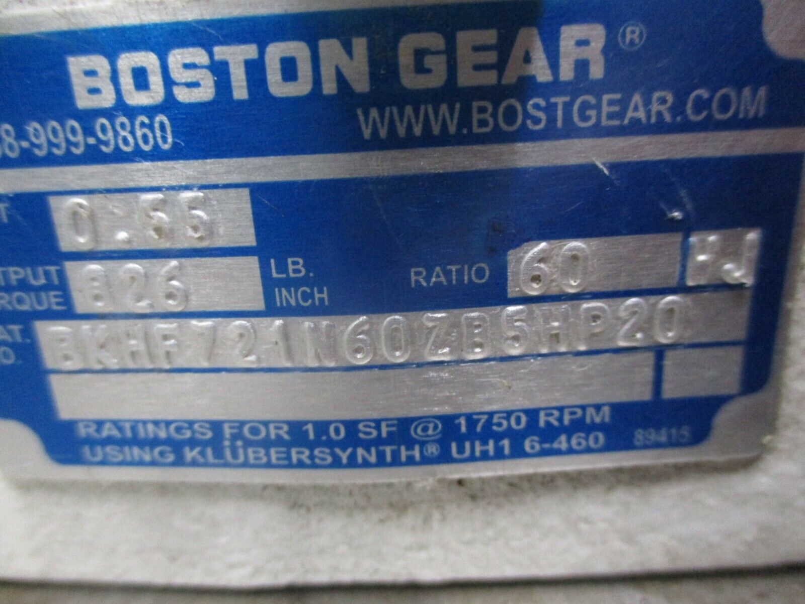 Boston Gear Reducer BKHF721N60ZB5HP20 Ratio 60:1 0.55HP In 826 in-lb Torque Used
