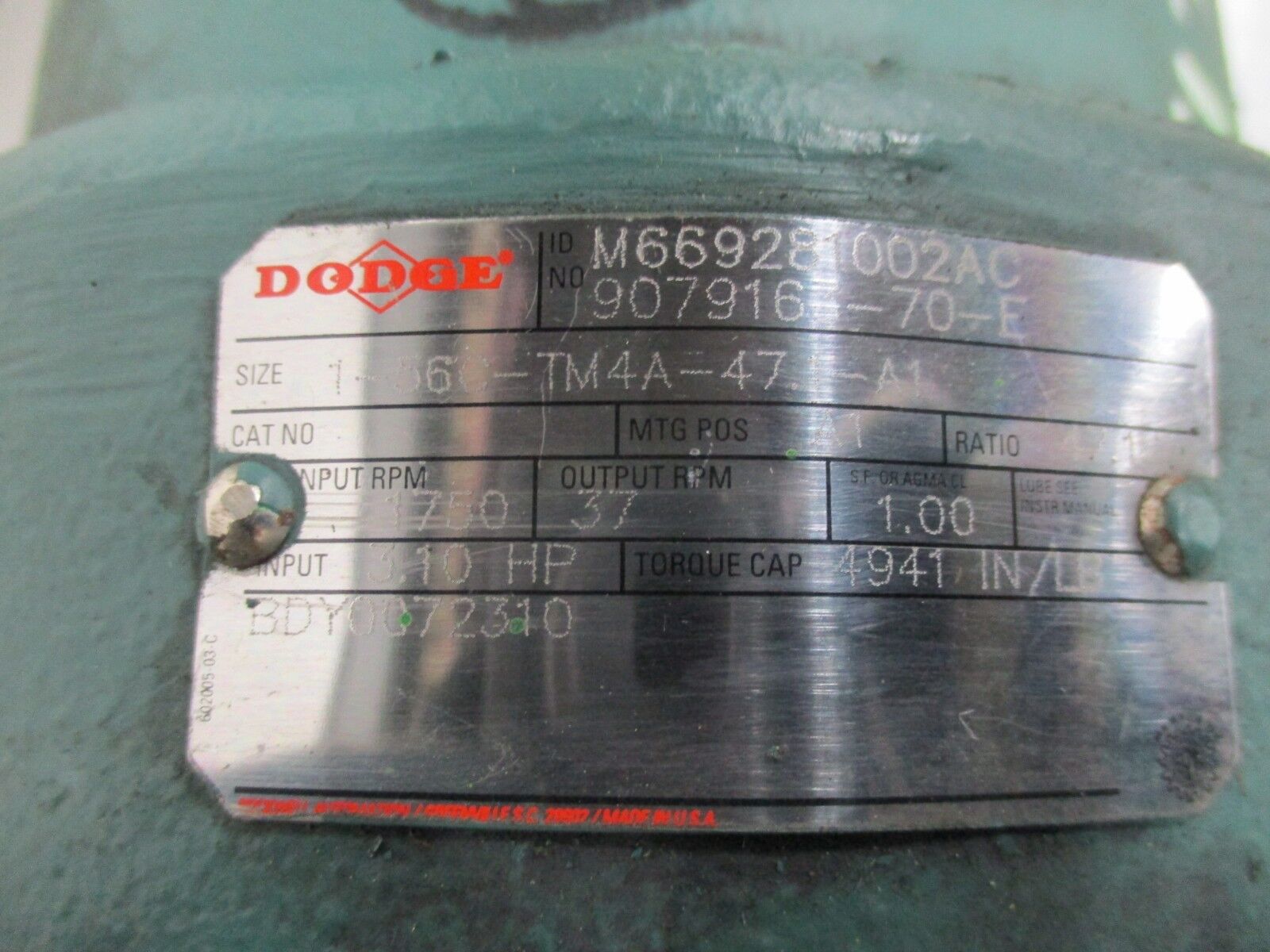 Dodge Gear 1-56C-TM4A-47 Ratio: 47.1 Input: 3.1HP 1750RPM Output: 37RPM Used