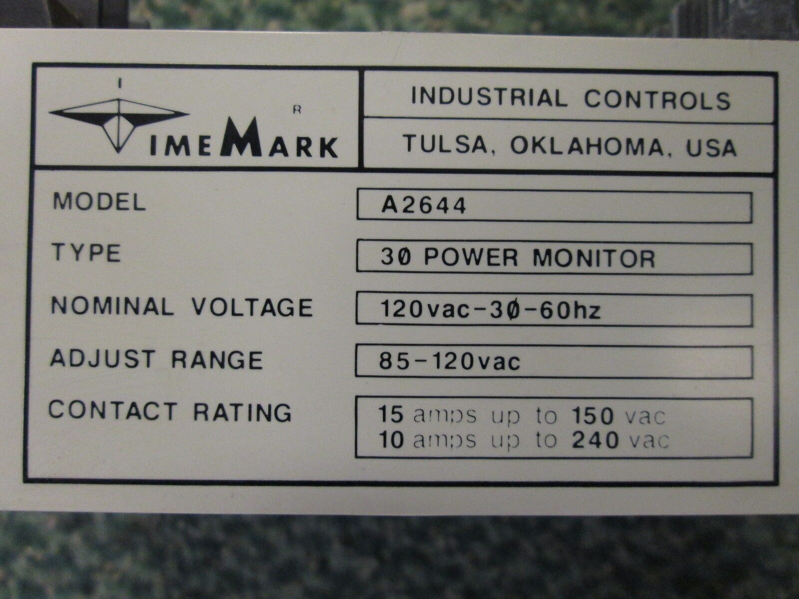 Time Mark Power Monitor A2644 120VAC 3PH 60Hz Used