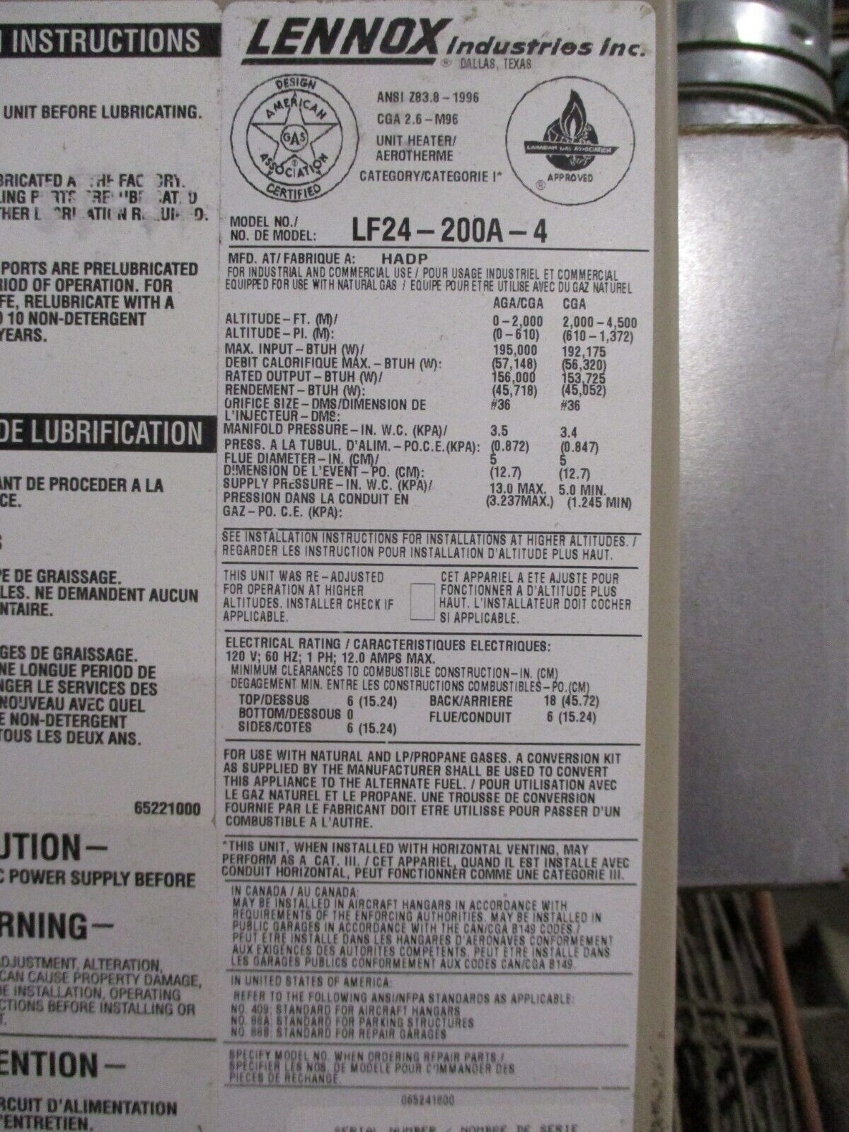 Lennox Natural Gas Heater LF24-200A-4 Input: 195,000 BTU Output: 156,000 BTU
