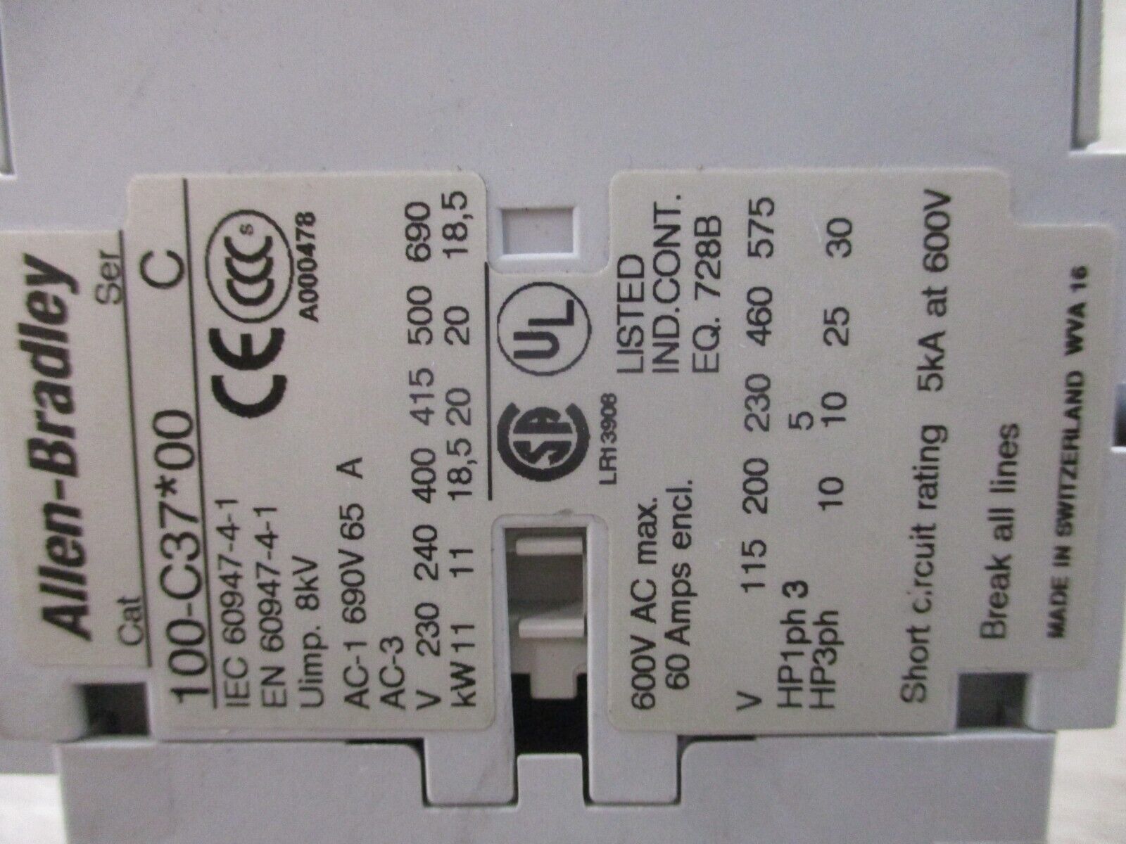 Allen-Bradley Contactor 100-C37*00 480V Coil 60A 600V Used