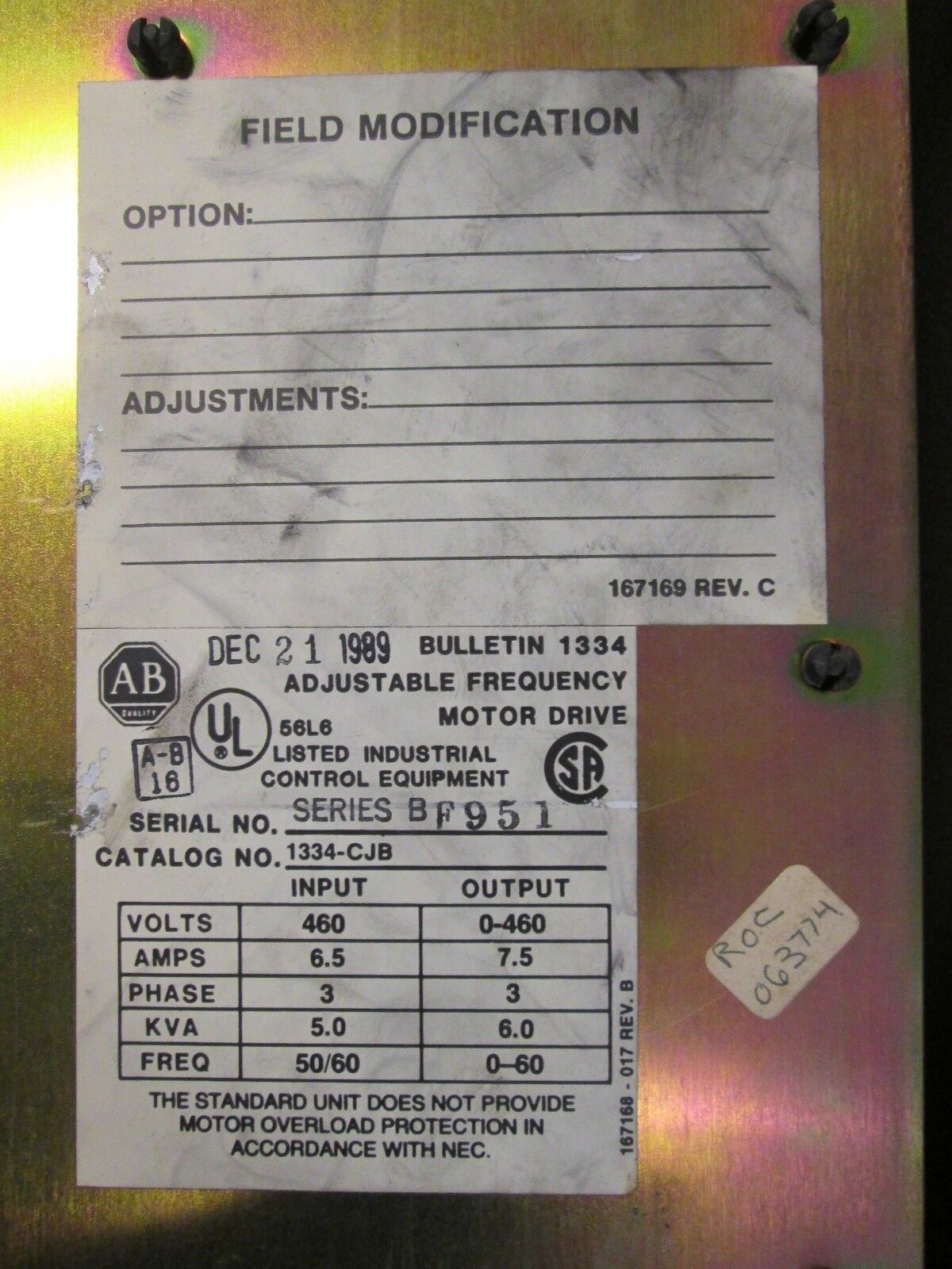 Allen-Bradley  AC Drive  1334-CJB  3Ph  IN: 6.5A 460V  OUT: 7.5A 0-460V Used