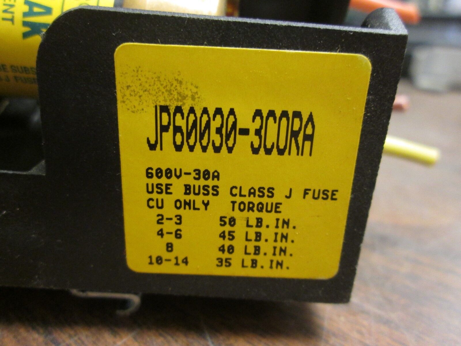 Buss Fuseblock JP60030-3CORA 30A 600V 3P Class J Pyramid w/ 10A Fuses Used