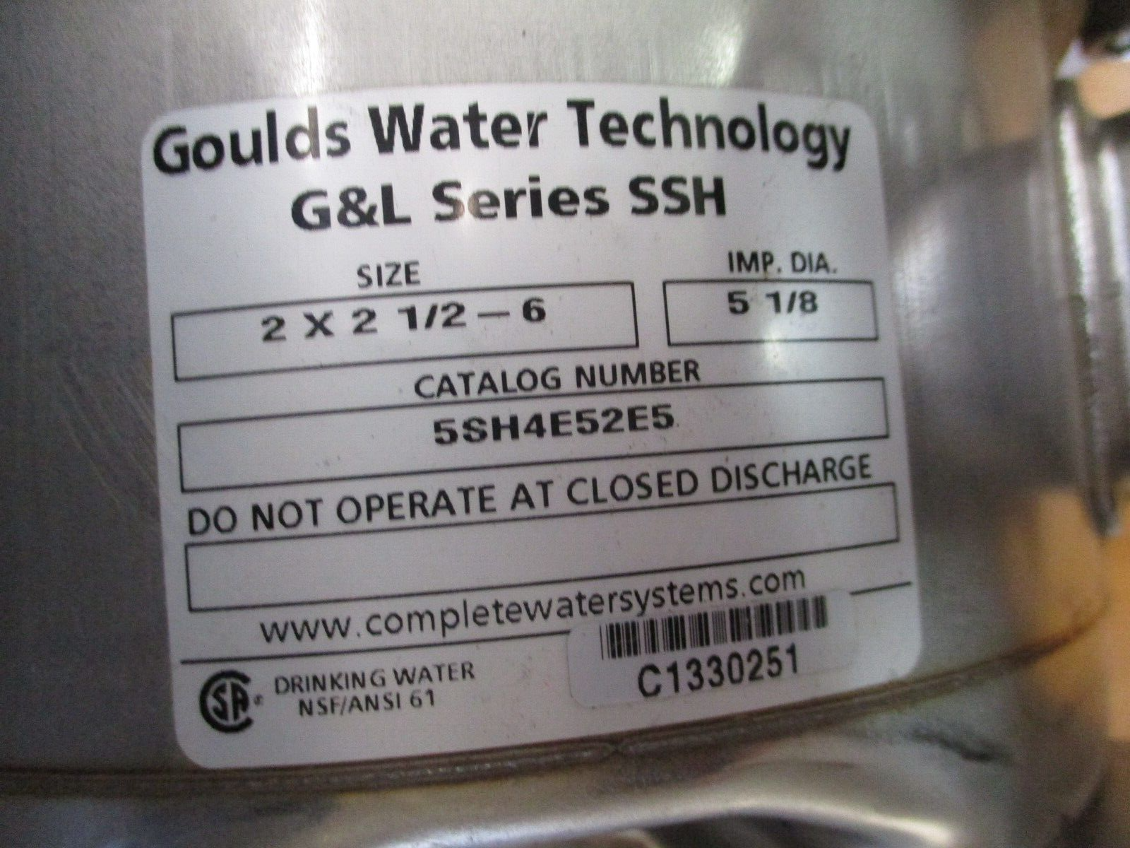 Goulds G&L Series SSH Centrifugal Pump 5SH4E52E5 Size: 2x2½-6 Dia: 5 1/8" 1HP