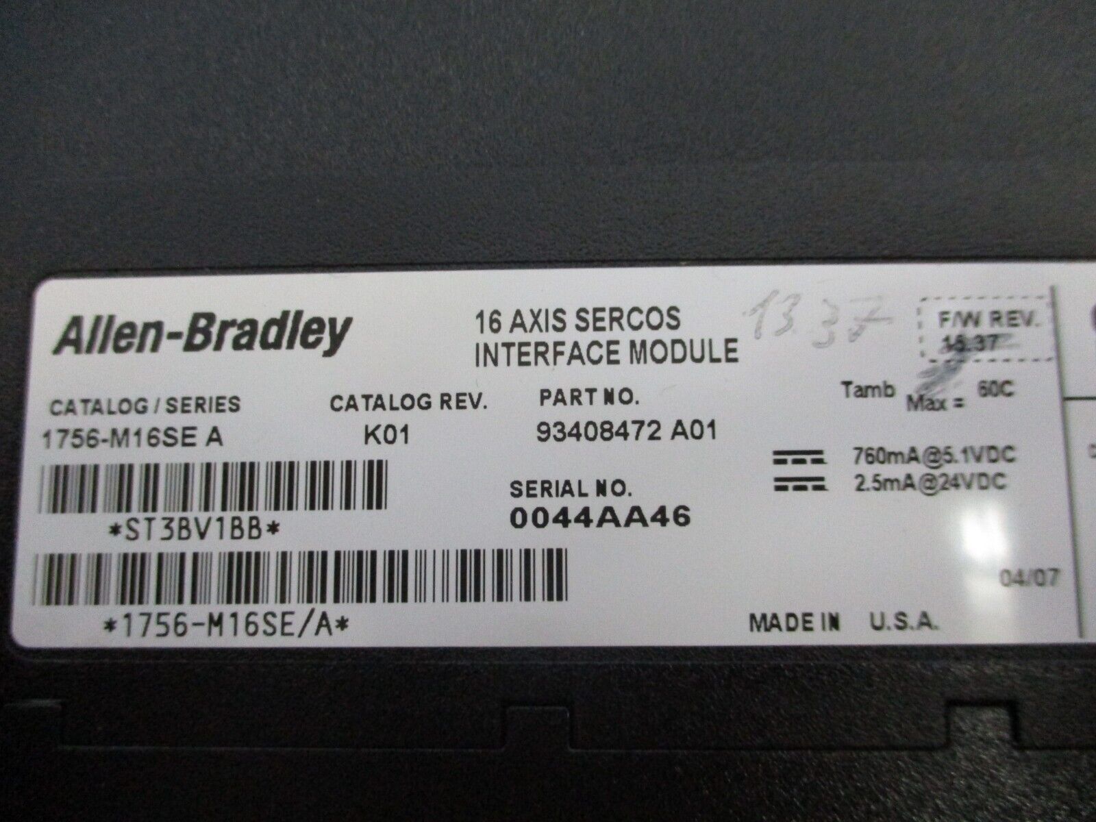 Allen-Bradley 16-Axis Sercos Interface Module 1756-M16SE Ser, A Rev. K01 Used