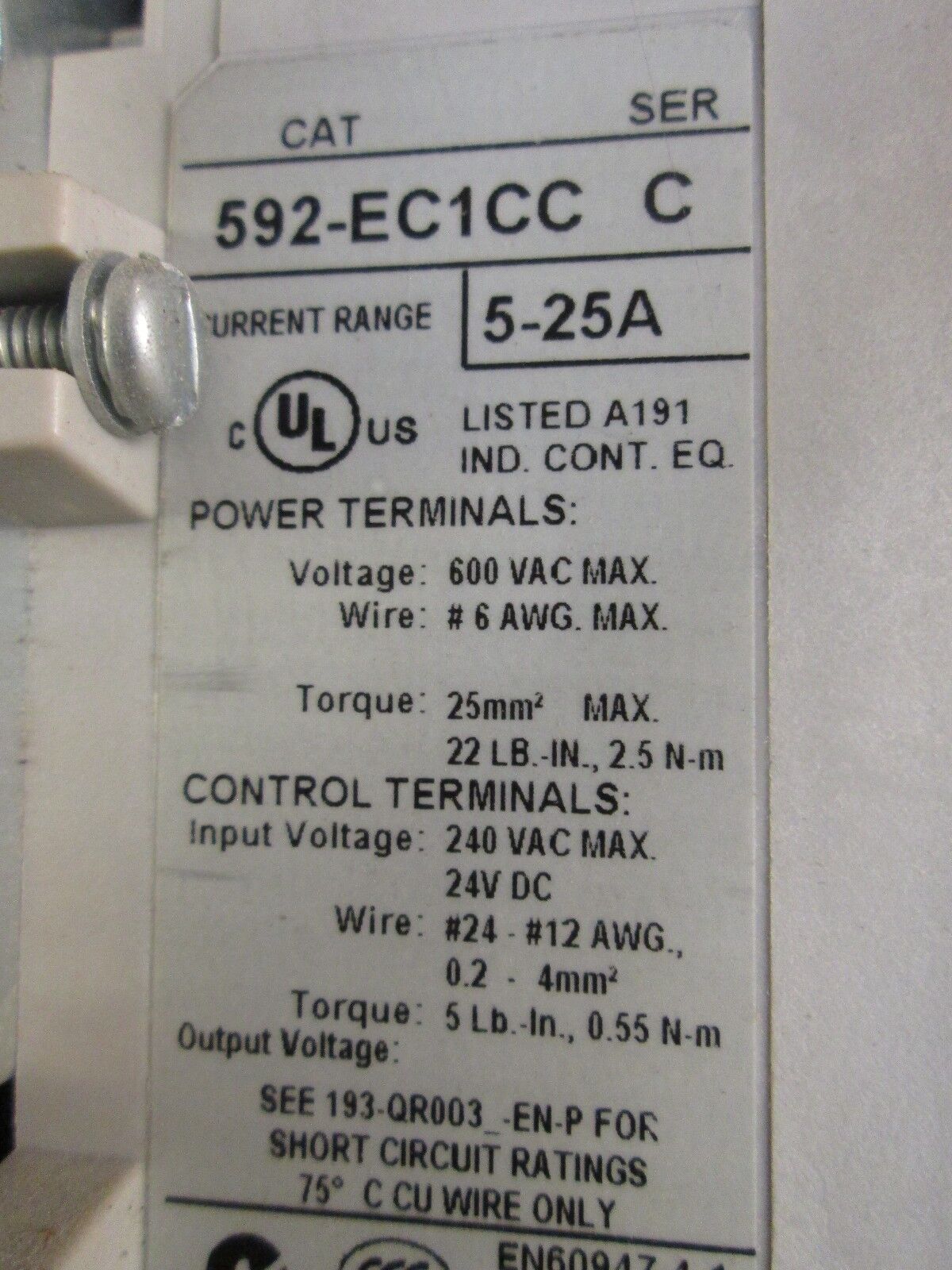 Allen-Bradley Starter 509-COD-EC1C-90 Size 2 115-120V Coil Overload: 5-25A Used