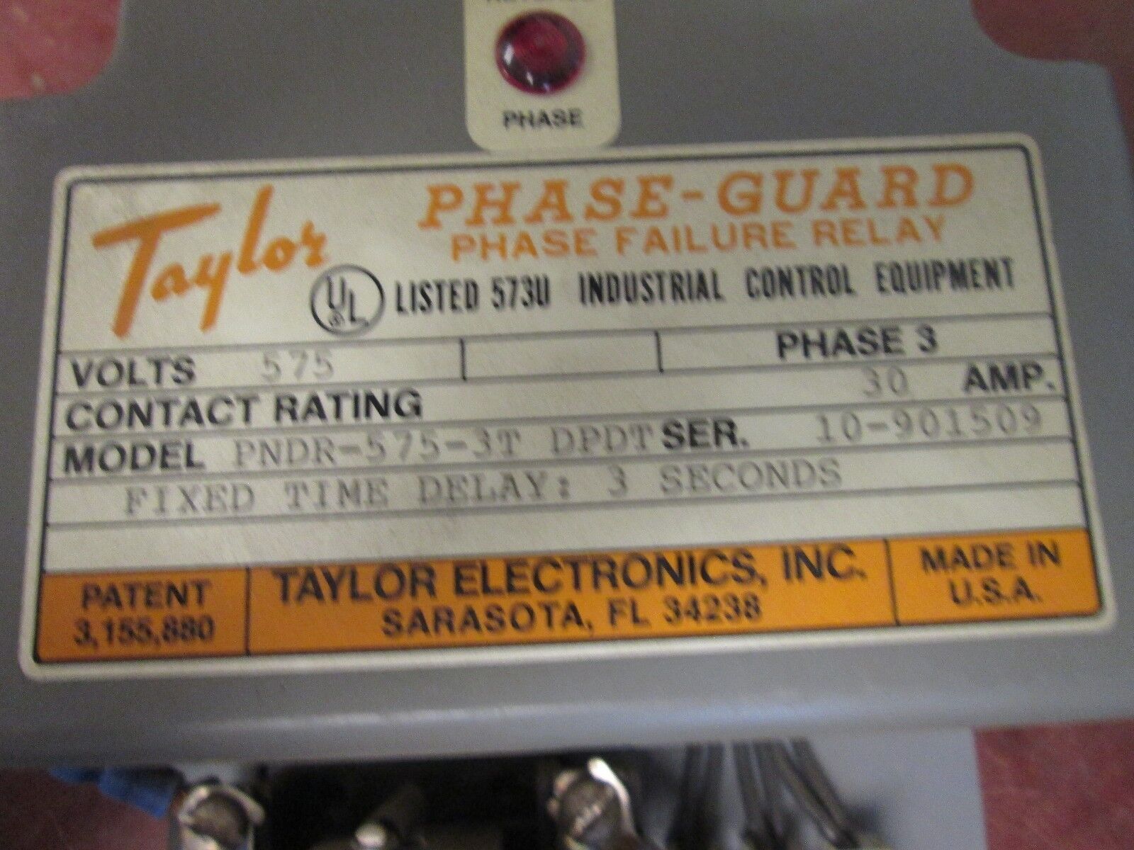 Taylor Phase-Guard Phase Failure Relay PNDR-575-3T DPDT 575V 30A 3Ph Used