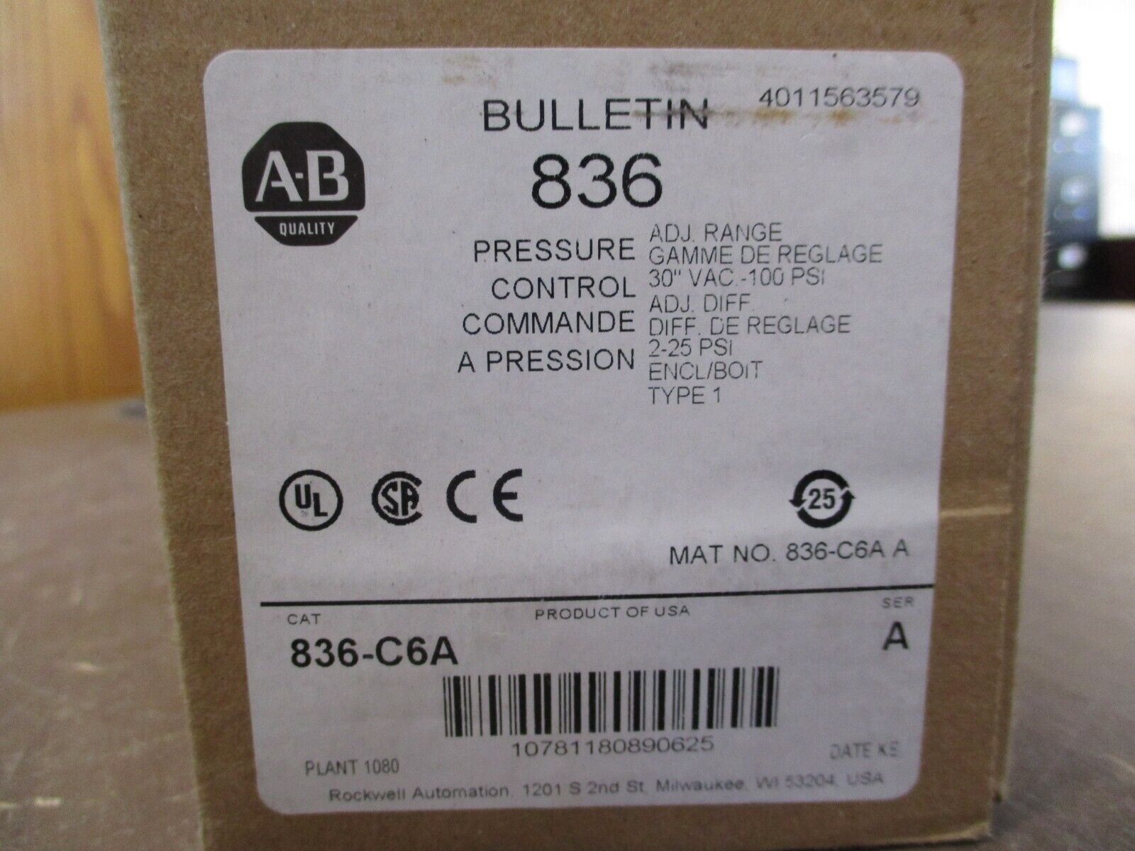 Allen-Bradley Pressure Control 836-C6A Ser. A New Surplus