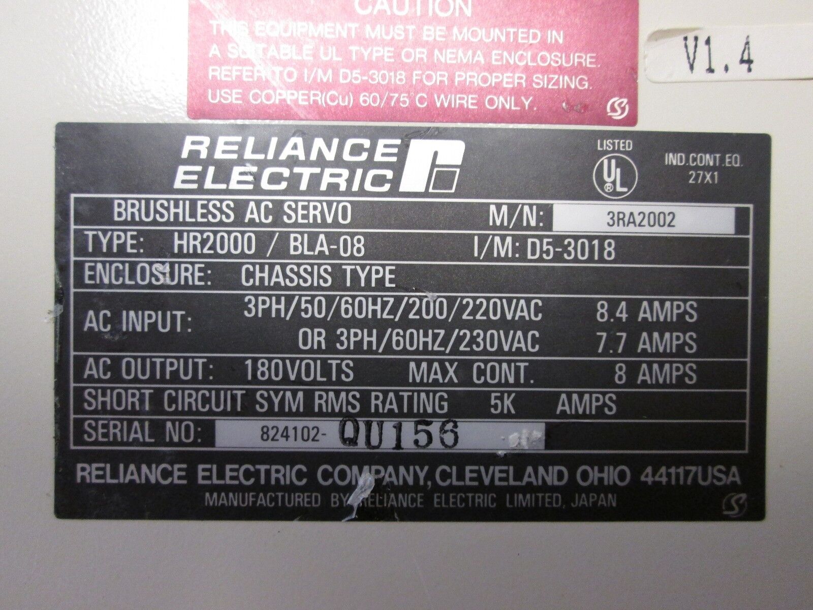 Reliance Brushless AC Servo Drive 3RA2002 Type HR2000 Used