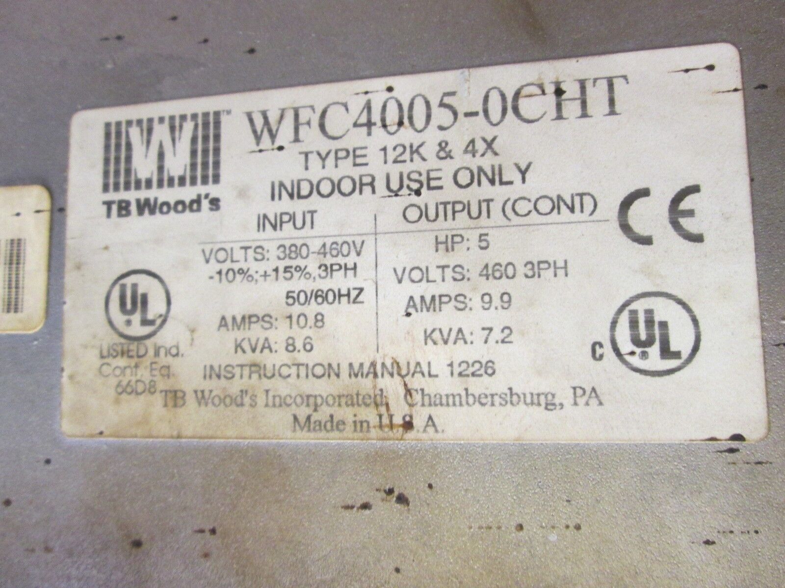 TB Woods WFC HT AC Drive WFC4005-0CHT 5HP Type 12K & 4X Used