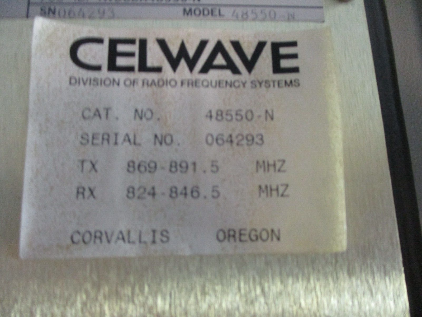 Celwave RF Repeater Amplifier 48550-N TX: 869-891.5 MHz RX: 824-846.5 MHz Used