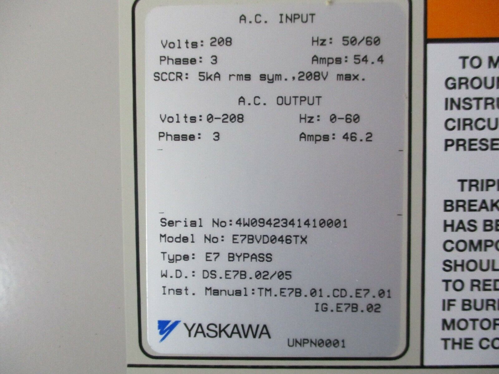 Yaskawa E7 AC Drive w/ Bypass E7BVD046TX 15HP 3Ph Used
