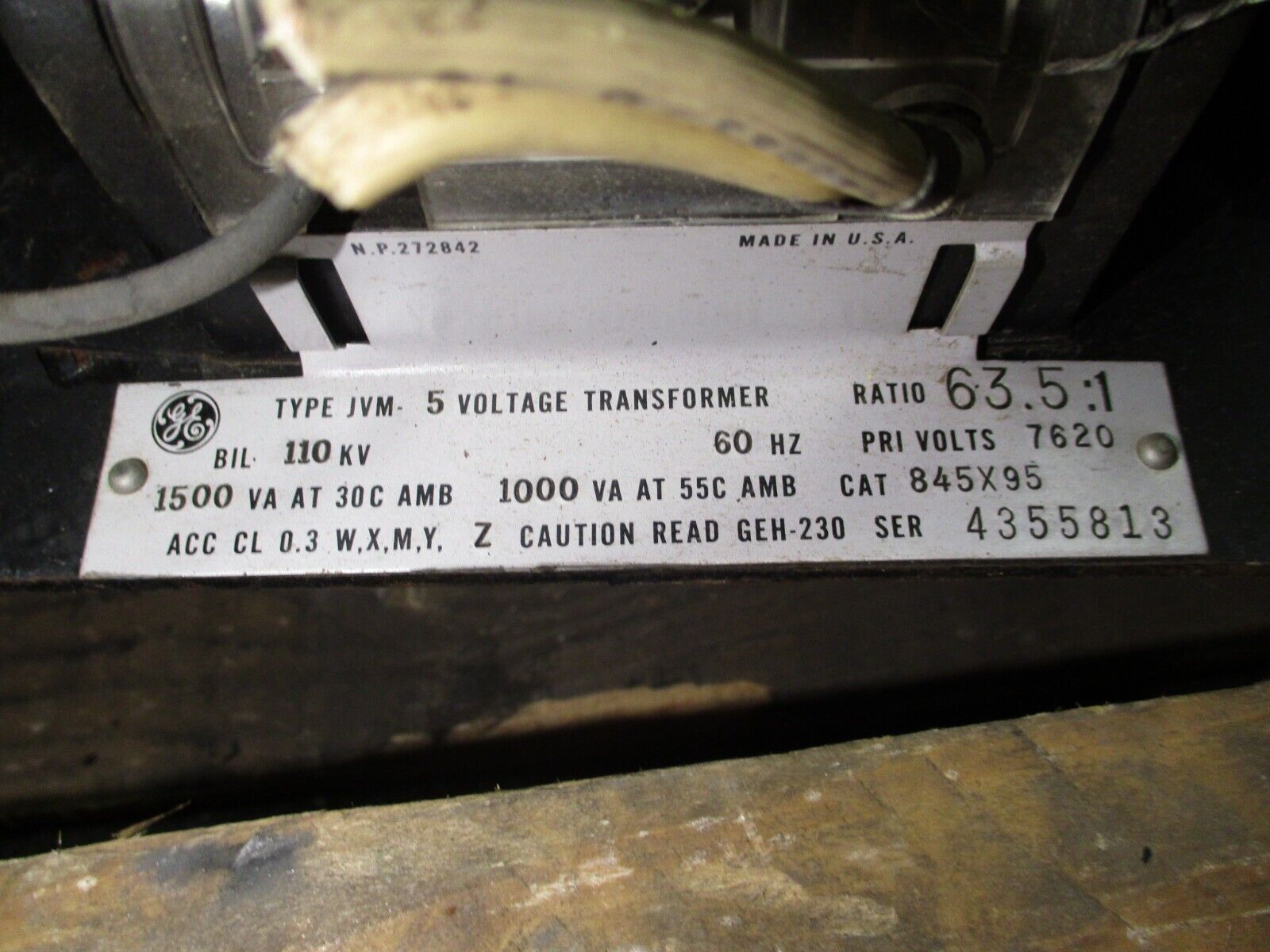 GE Type JVM-5 Voltage Transformer 845X95 1500VA Pri: 7620V Ratio 63.5:1 60Hz