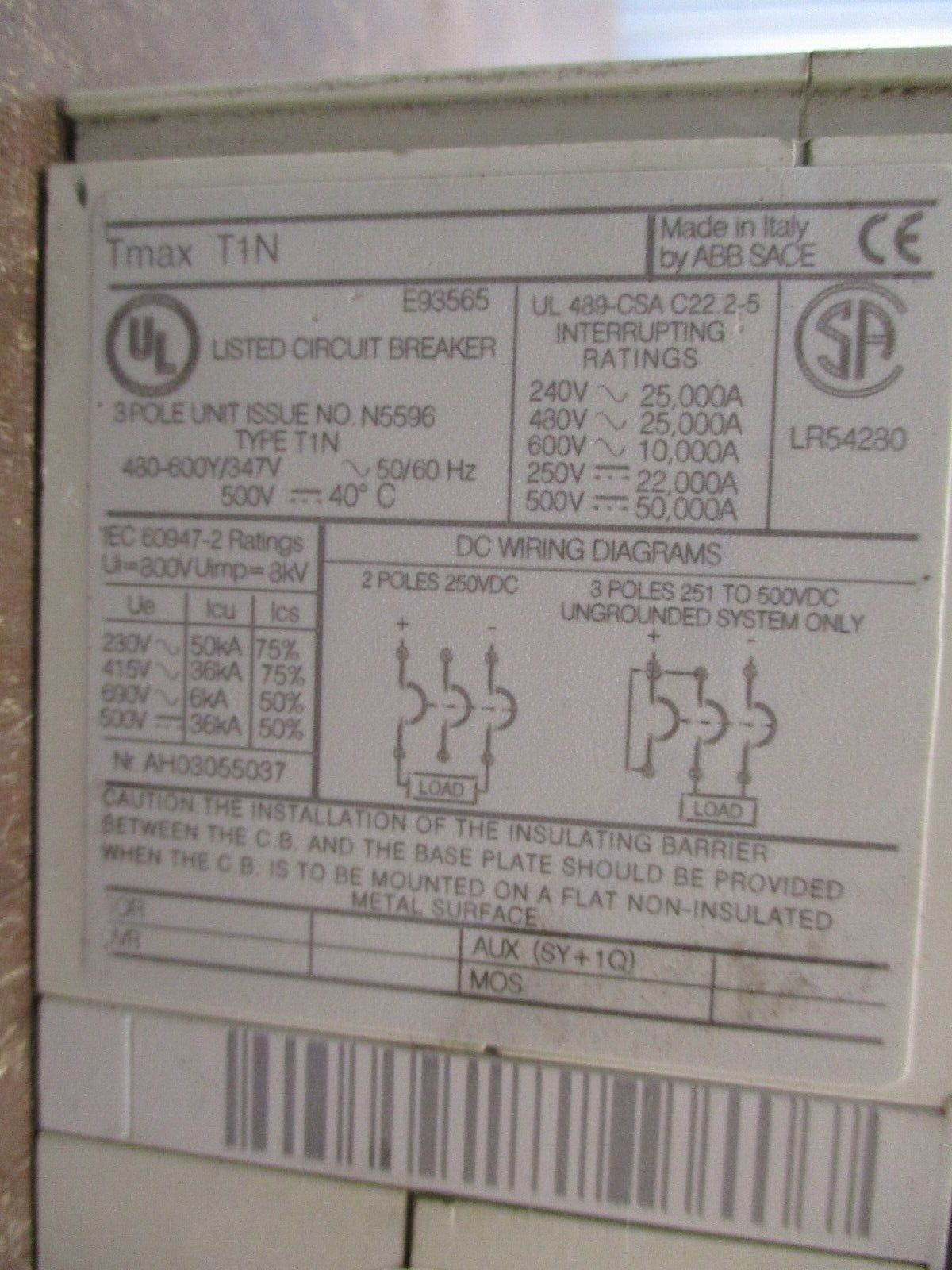 ABB SACE Tmax Breaker Disconnect T1N 70 70A 600V 3P Used