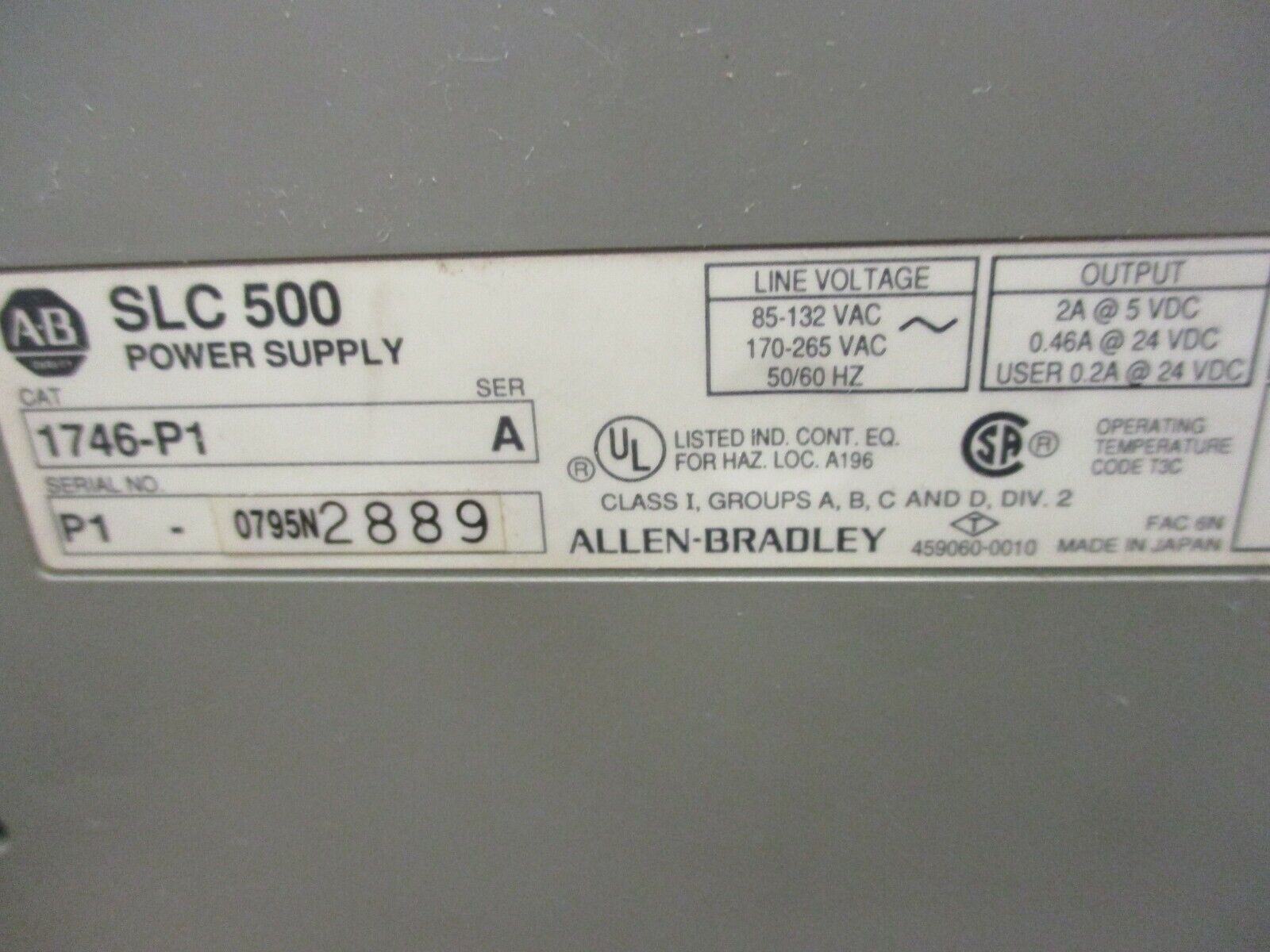 Allen-Bradley SLC 500 PLC Rack w/ Power Supply 1746-A7 / 1746-P1 7-Slot Used