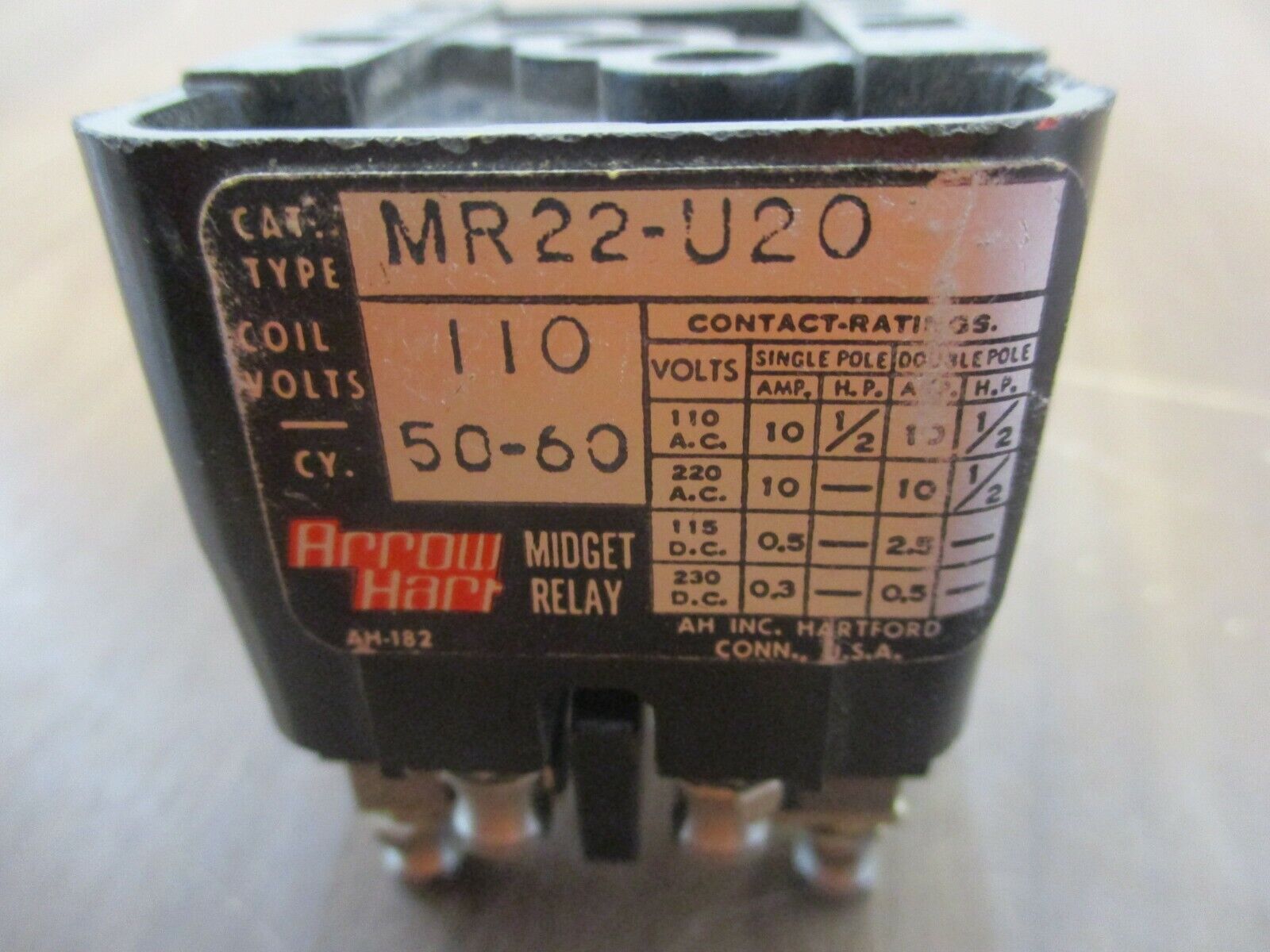 Arrow Hart Midget Relay MR22-U20 110V Coil Used