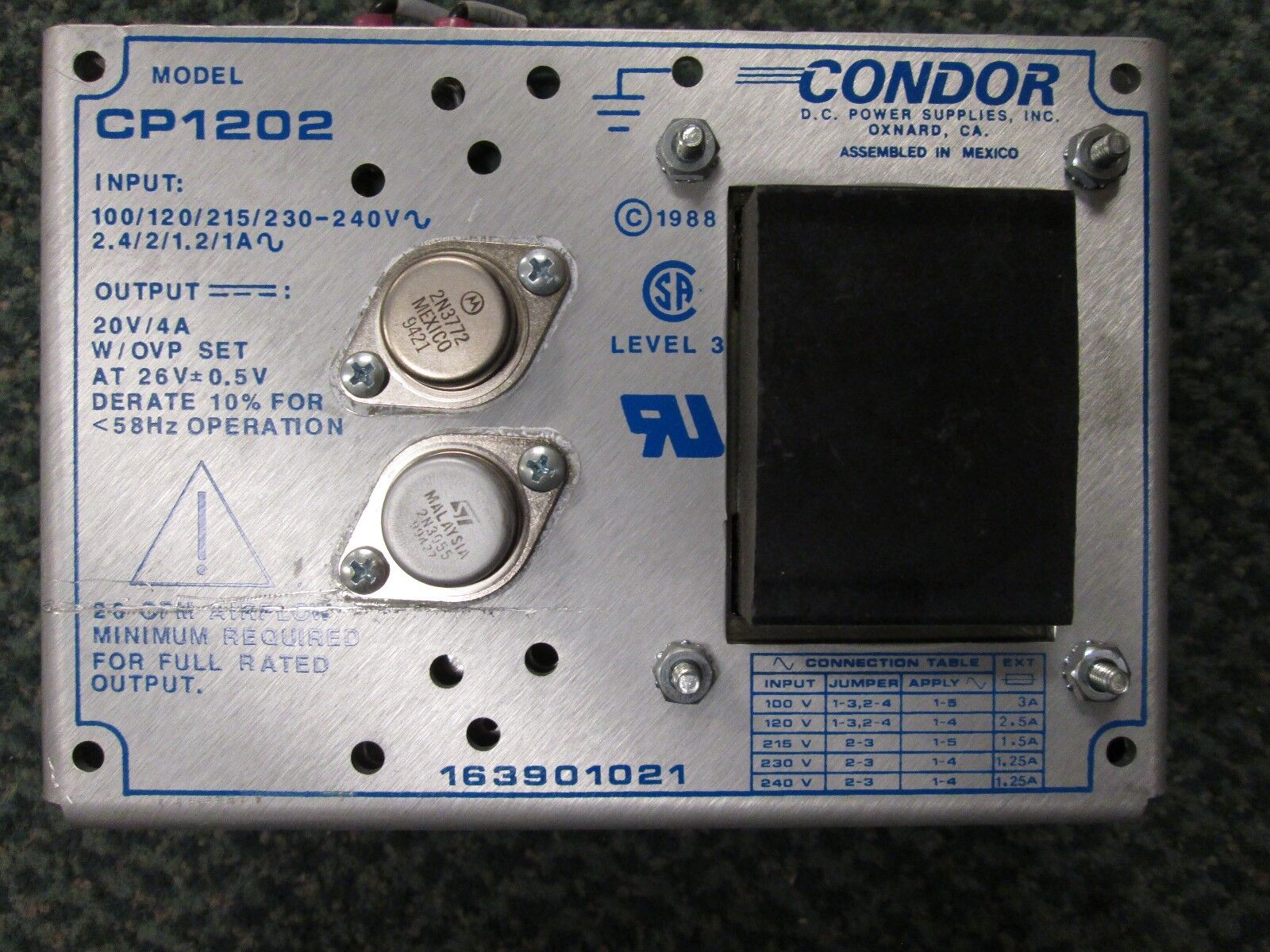 Condor DC Power Supply CP1202 20VDC 4A Out 120/240V In Used