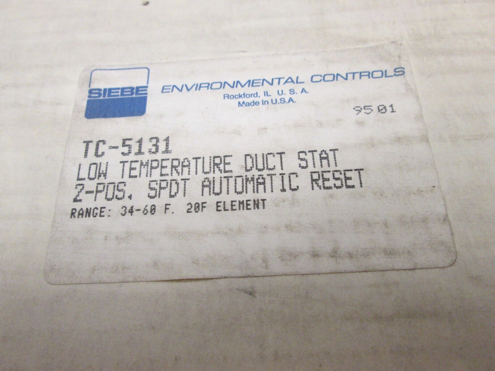 Siebe Low Temperature Duct Stat TC-5131 2-Pos SPDT Automatic Reset New Surplus
