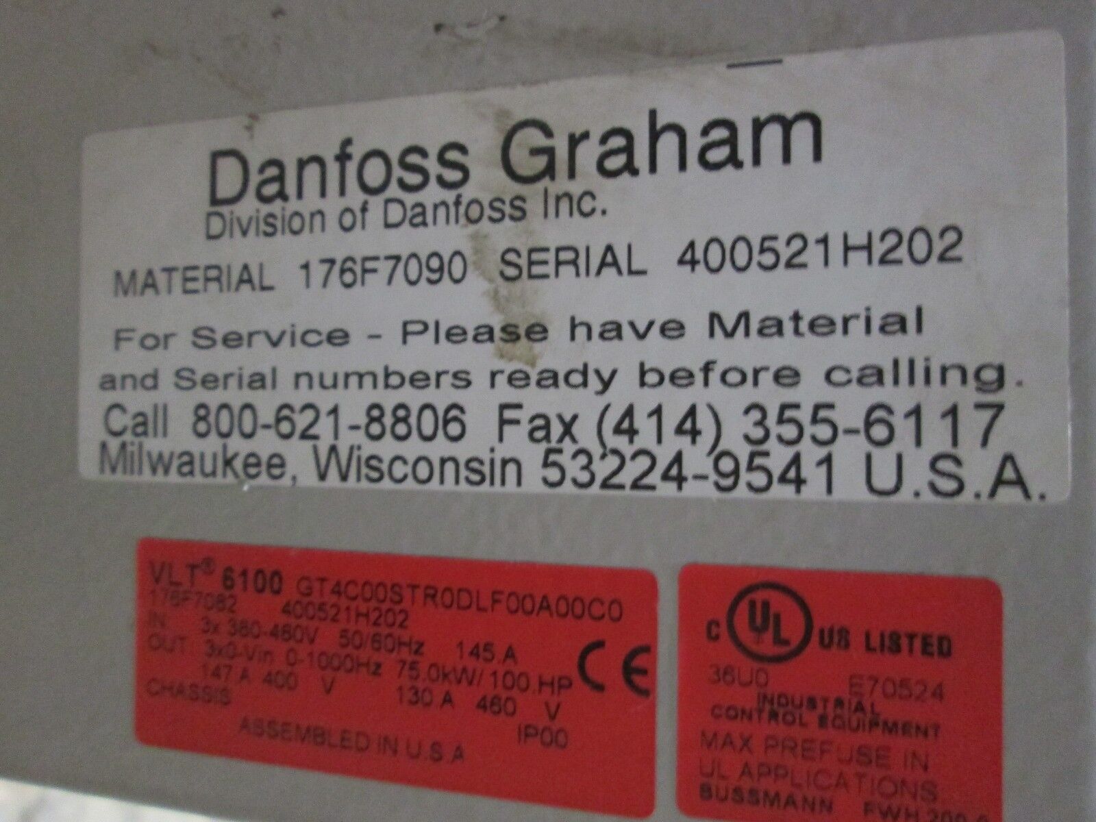 DanFoss  AC Drive  176F7082  100HP  Used