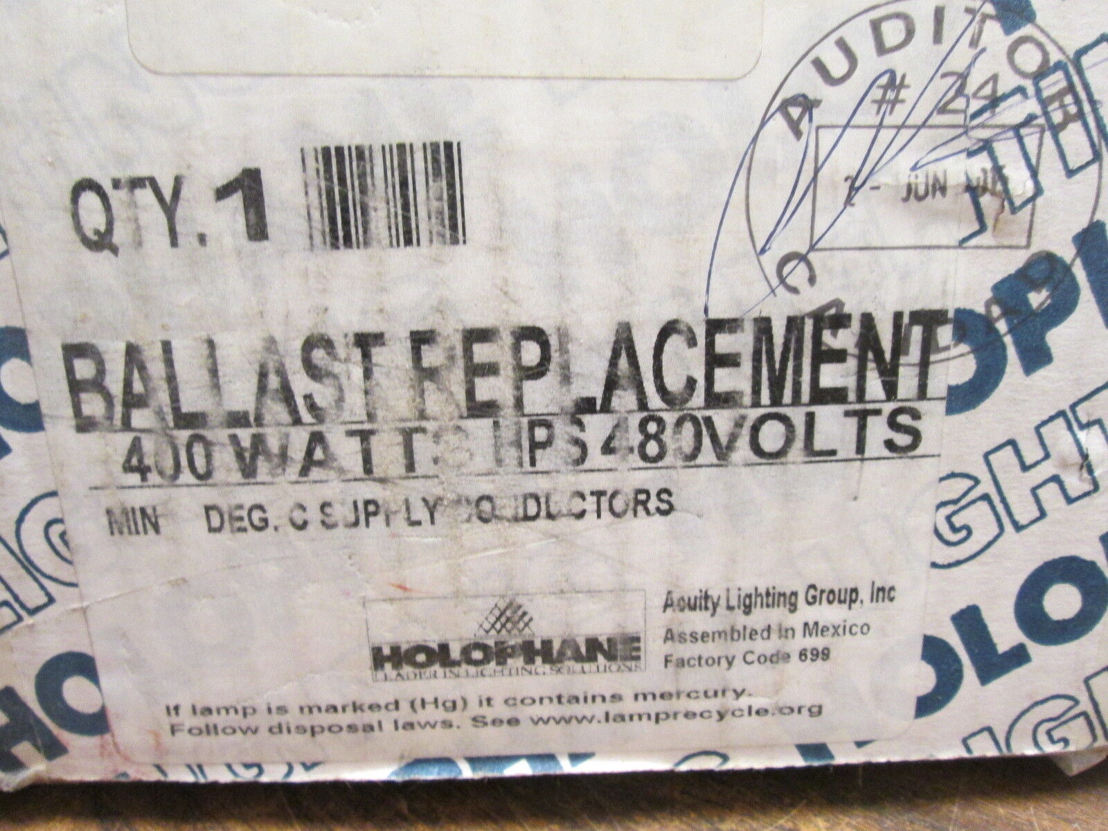Holophane Ballast RBK400HP48B 400W 480V New Surplus