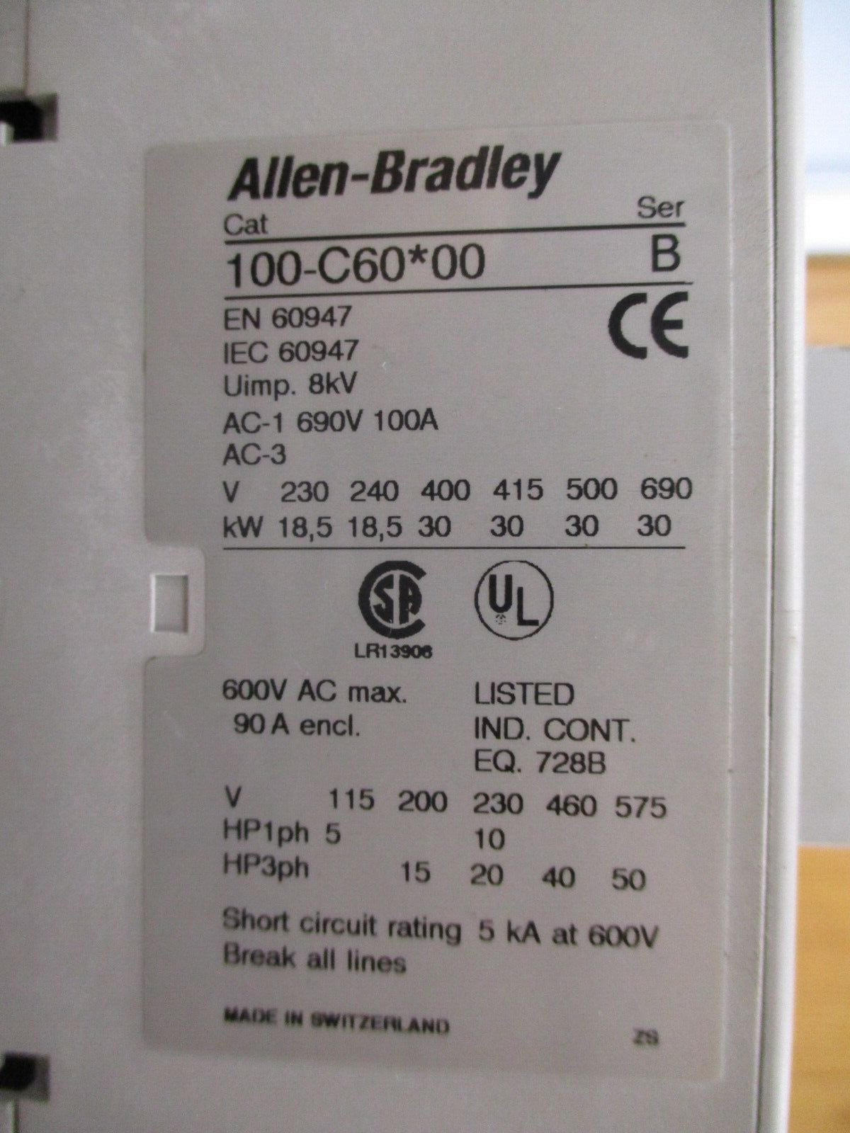 Allen-Bradley Starter 100-C60*00/193-EA2KE 120V Coil Trip: 26-85A 600V Used