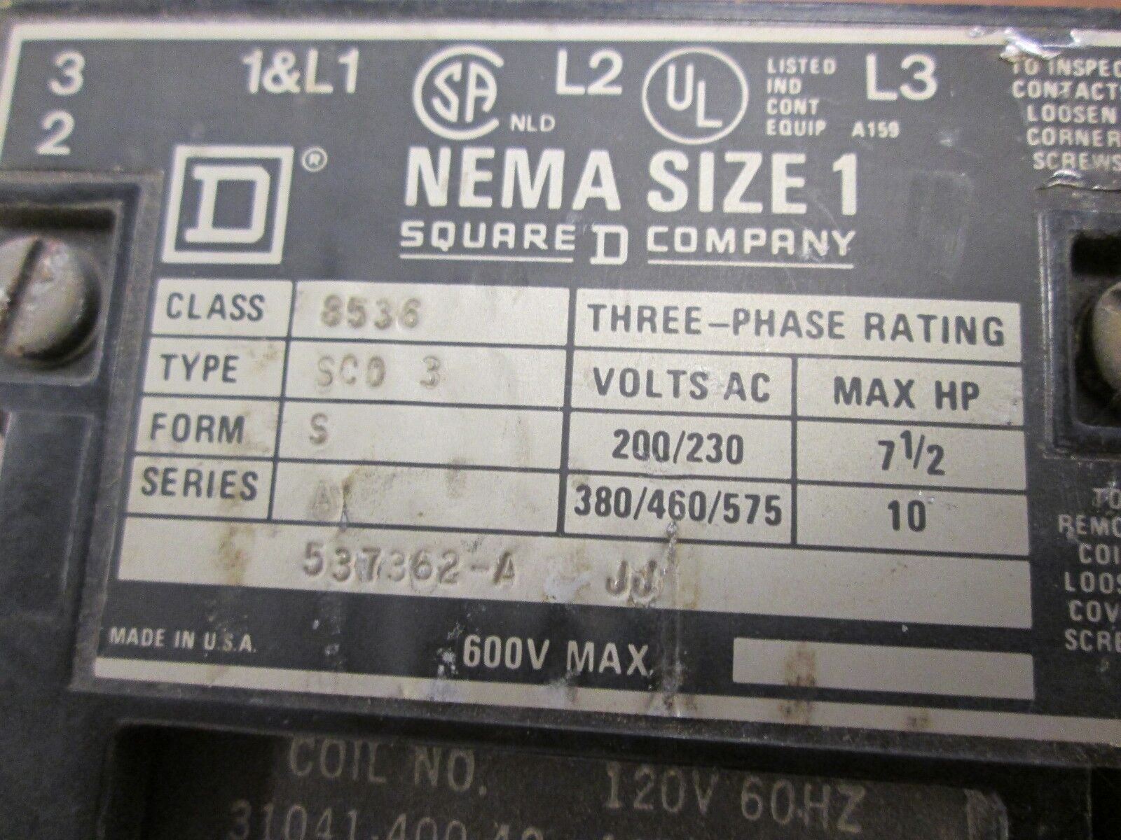 Square D Starter 8536 SCO 3 Size 1 120V Coil Used