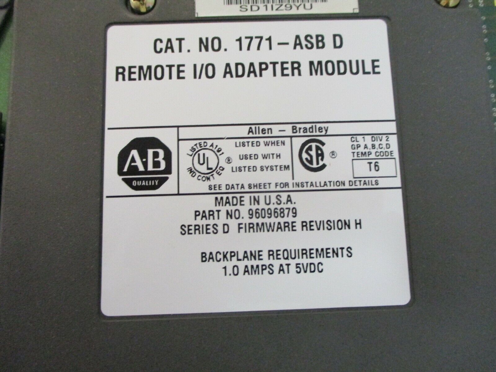 Allen-Bradley Remote I/O Adapter Module 1771-ASB D Ser. D F/W Rev. H Used