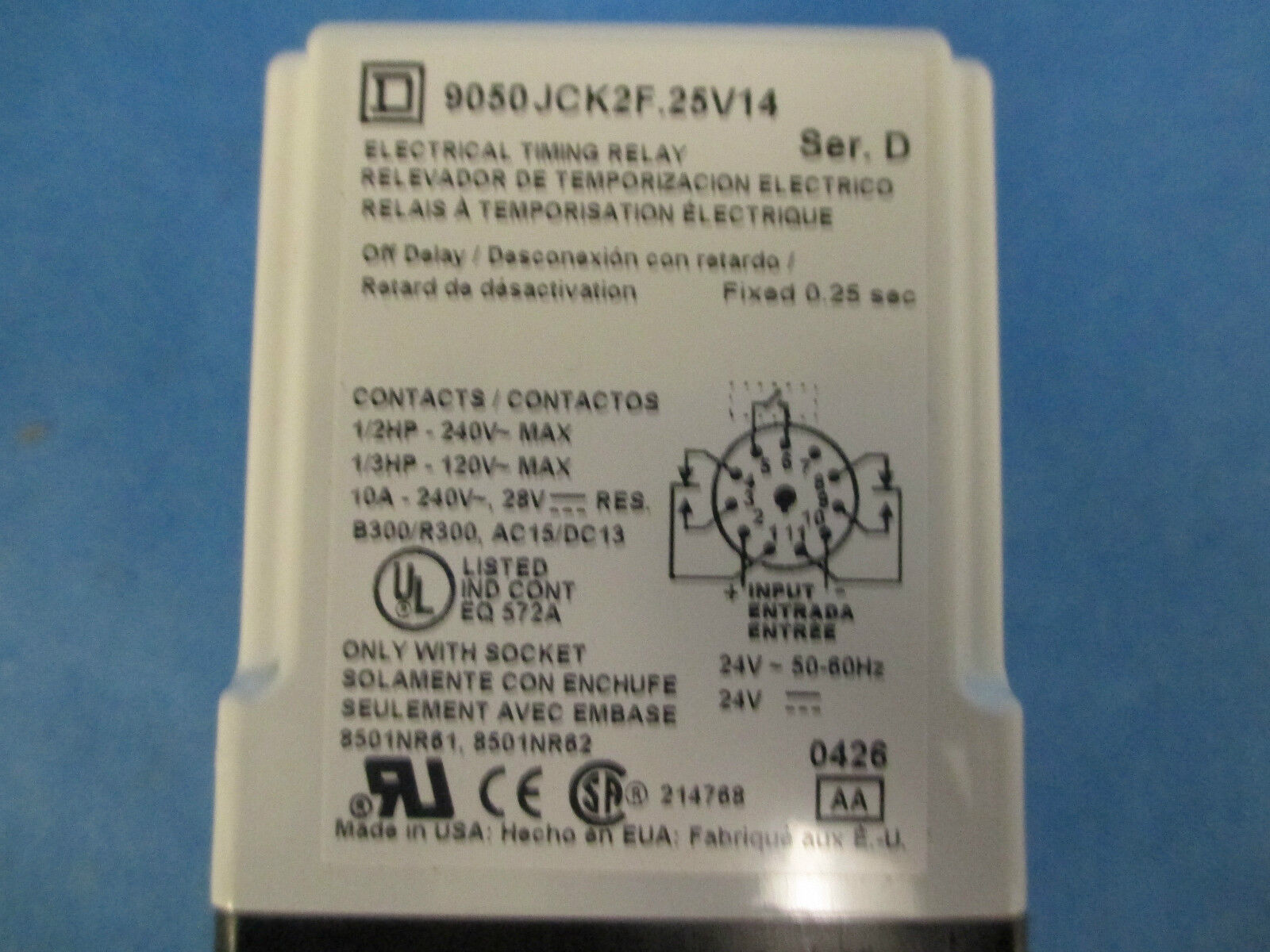 SQUARE D 9050JCK2F.25V14 Electrical Timing Relay New Surplus