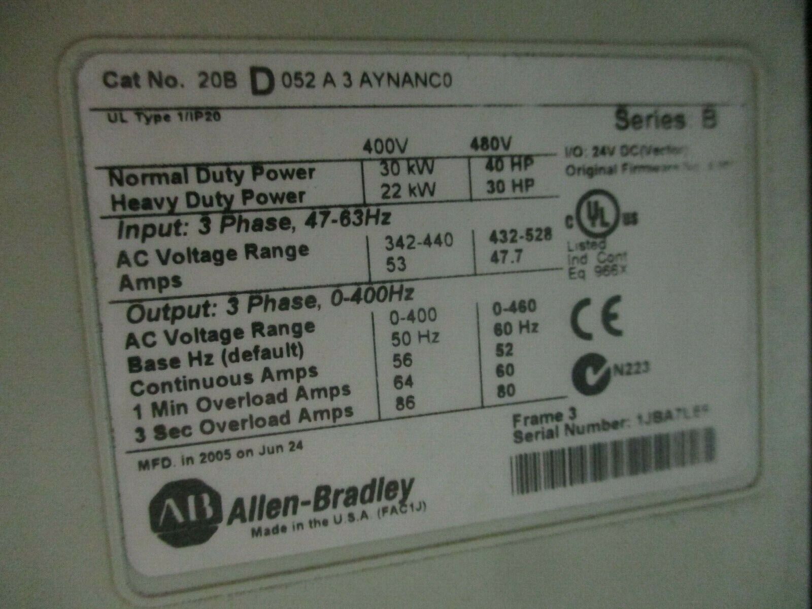 Allen-Bradley PowerFlex 700 AC Drive w/ Nema 12 Enclosure 40HP 3Ph 480V Used
