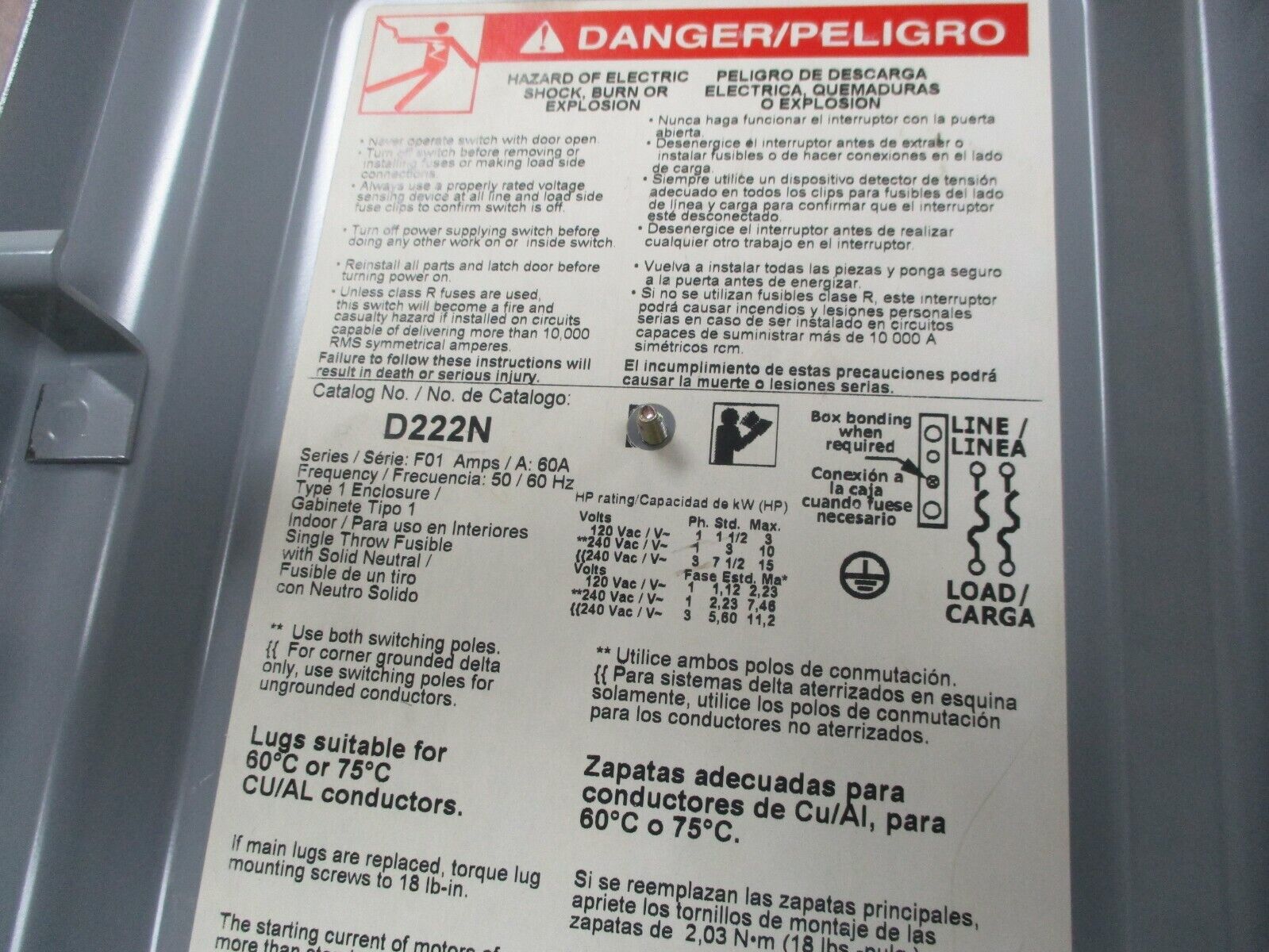 Square D Fusible Safety Switch D222N 60A 240V 2P Used