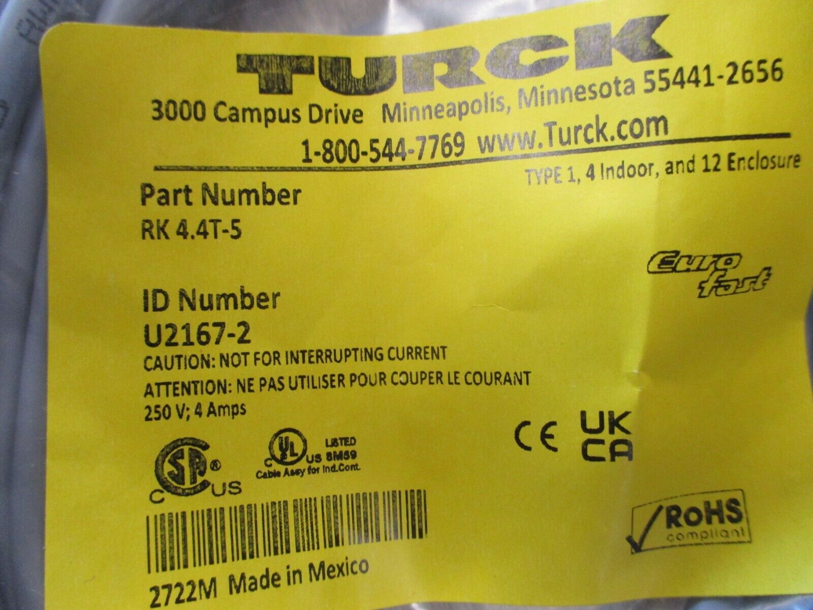 Turck Actuator & Sensor Cordset RK 4.4T-5 Length: 5m 250V 4A New Surplus