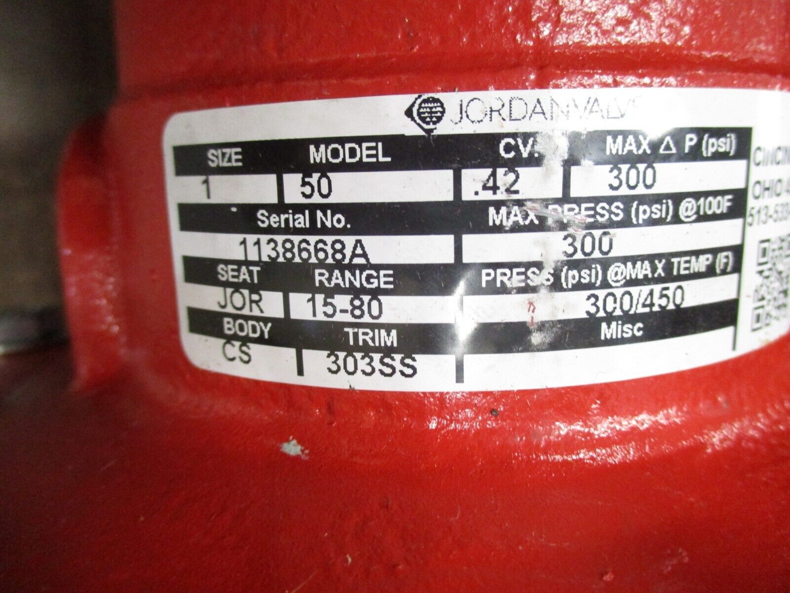 Jordan Valve Pressure Regulator 50 300 PSI Max Size: 1" Seat: JOR Range: 15-80