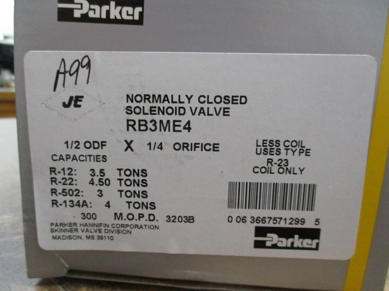 Parker Solenoid Valve RB3ME4 Normally Closed 1/2" ODF x 1/4" Orifice New Surplus