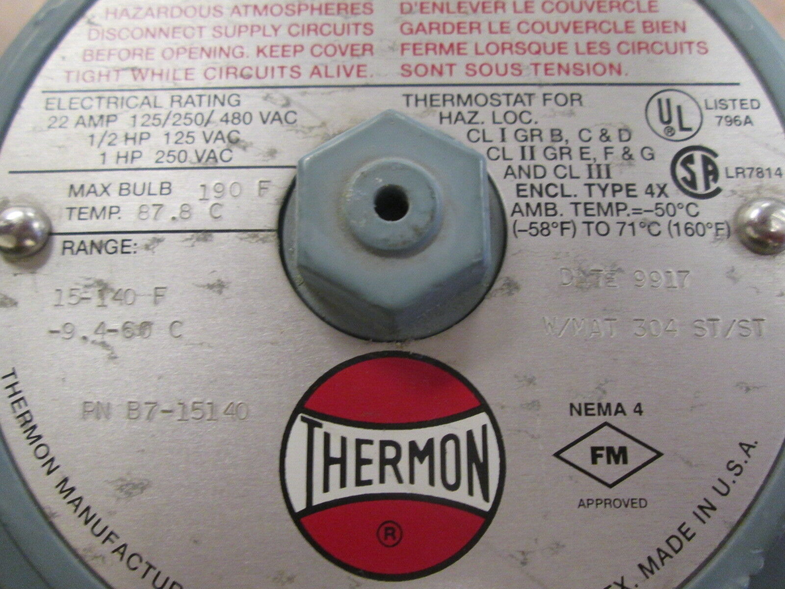 Thermon Explosion Proof Thermostat B7-15140 Range: 15-140°F 22A 125/250/480VAC