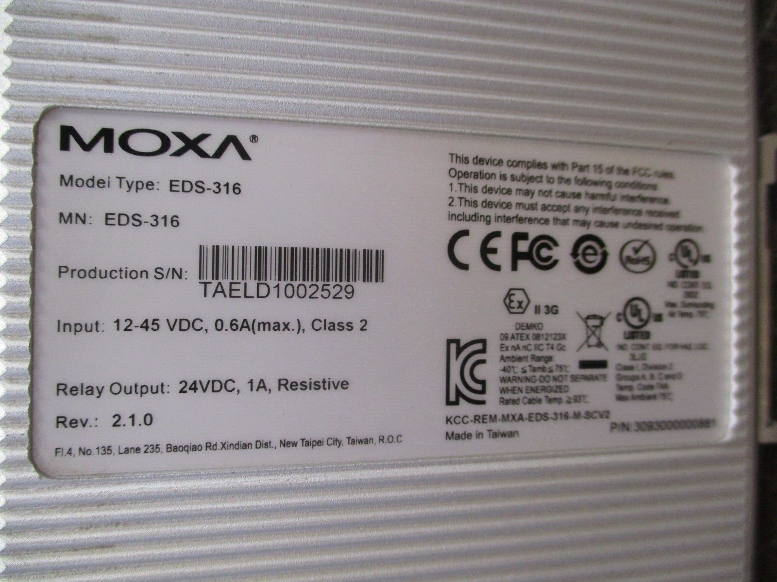 Moxa Industrial Ethernet Switch EDS-316 Rev. 2.1.0 16-Port Used
