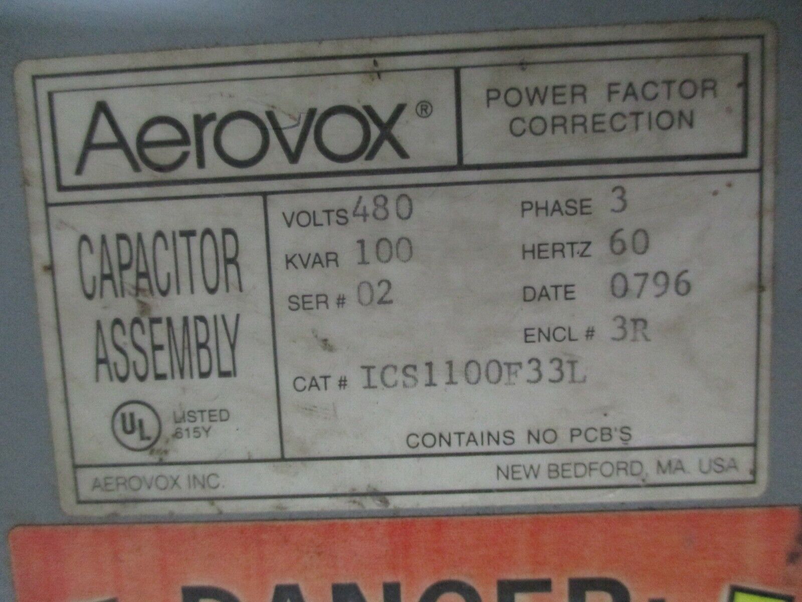 Aerovox Capacitor Assembly ICS1100F33L 100KVAR 480V 3Ph 60Hz 3R Enclosure Used