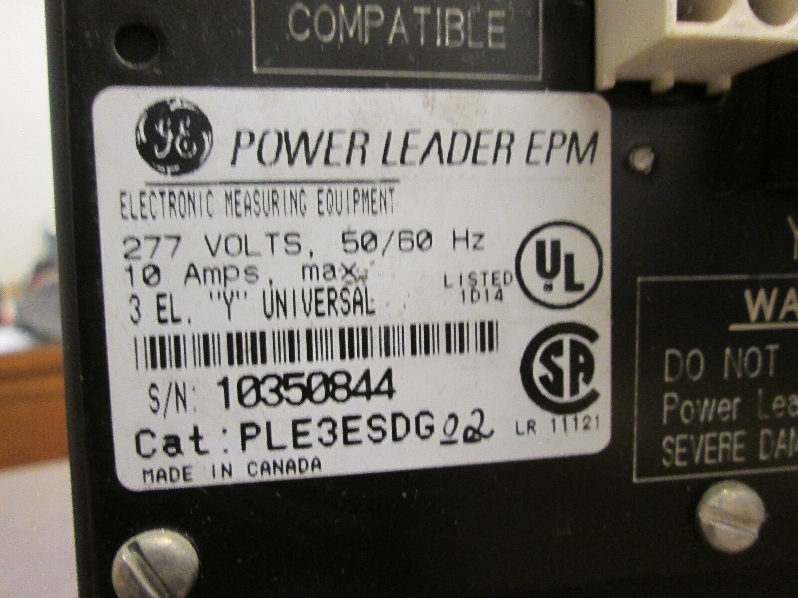 GE Power Leader EPM PLE3ESDG02 277V 50/60Hz 10A Used