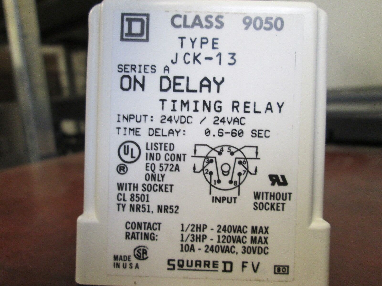 Square D Solid State Timing Relay 9050 JCK-13 Range: .6-60sec 24U DC/AC 50-400Hz