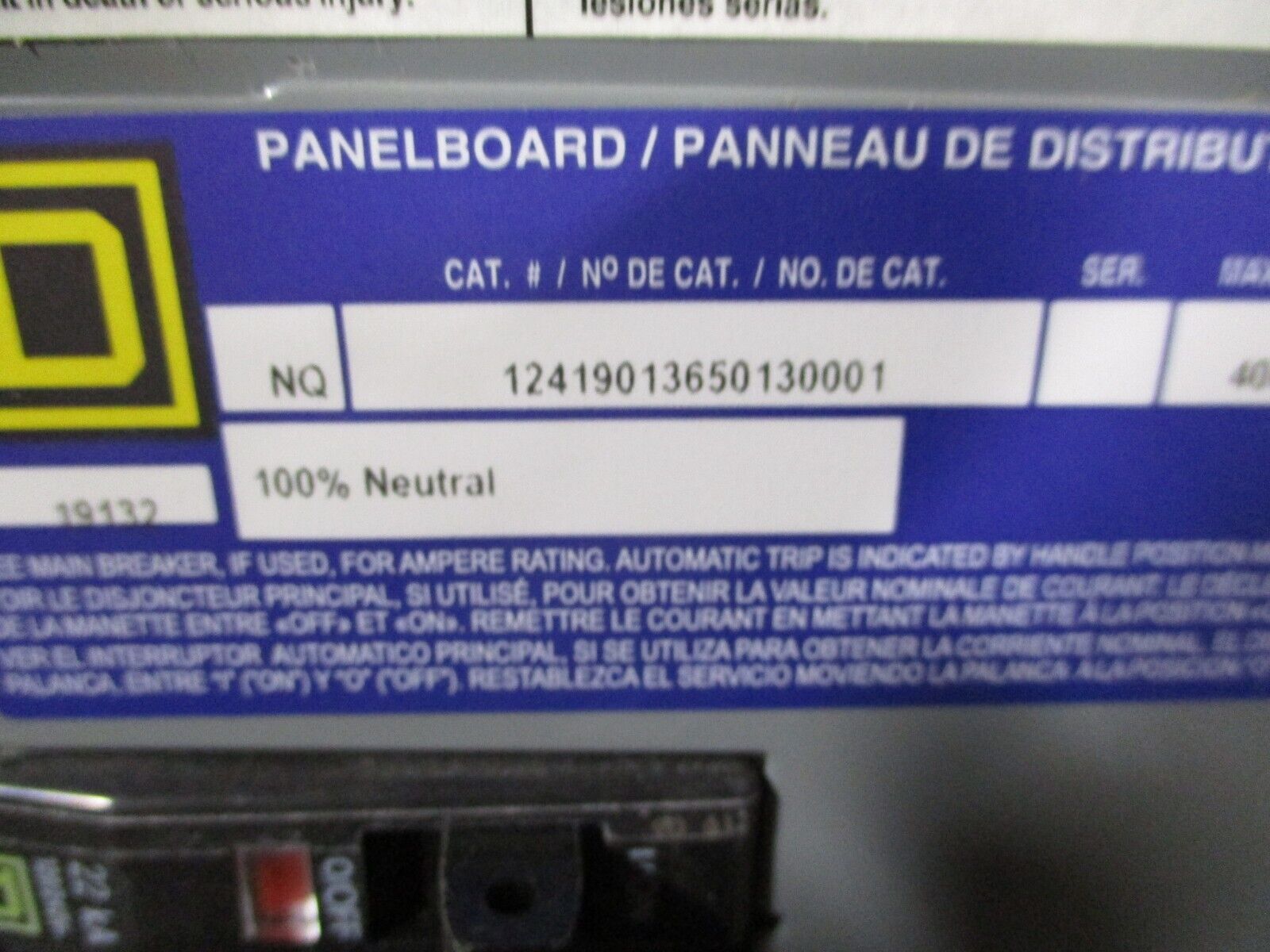 Square D Main Lug NQ Panelboard Interior 12419013650130001 400A 208Y/120V 3Ph 4W