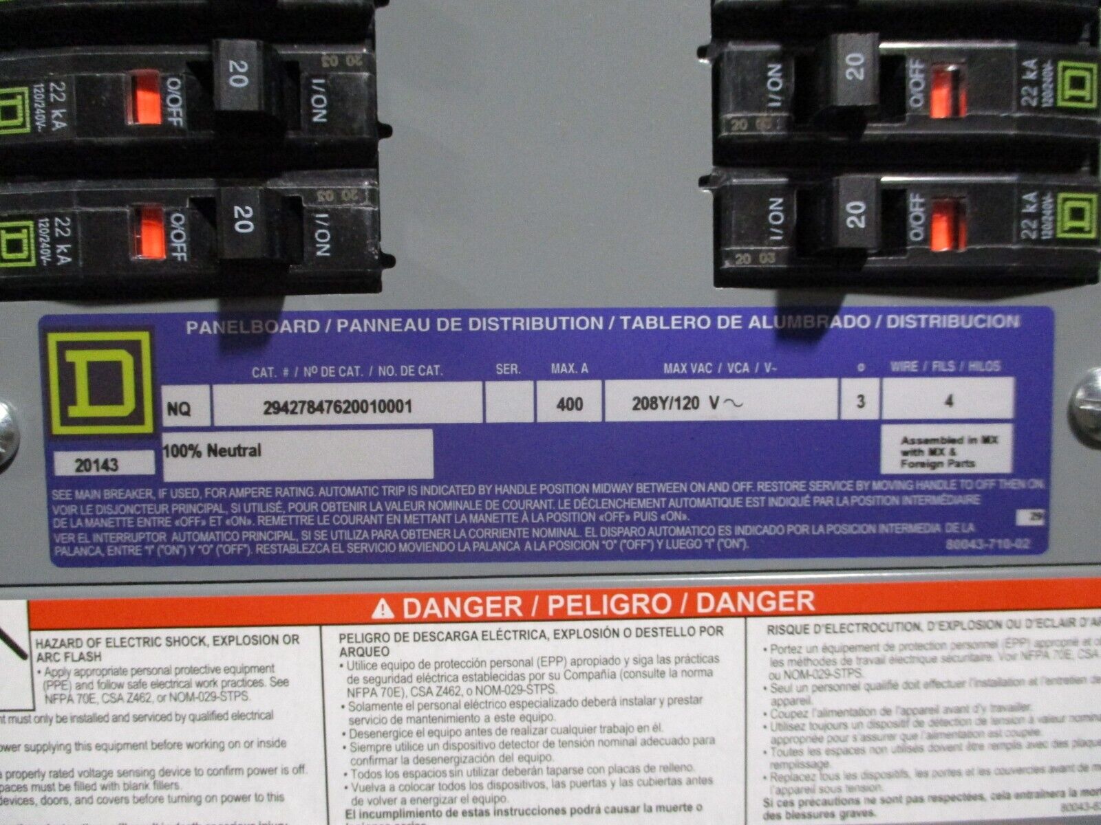 Square D Main Lug NQ Panelboard Interior w/ Box & Cover 400A 208Y/120V 3Ph 4W