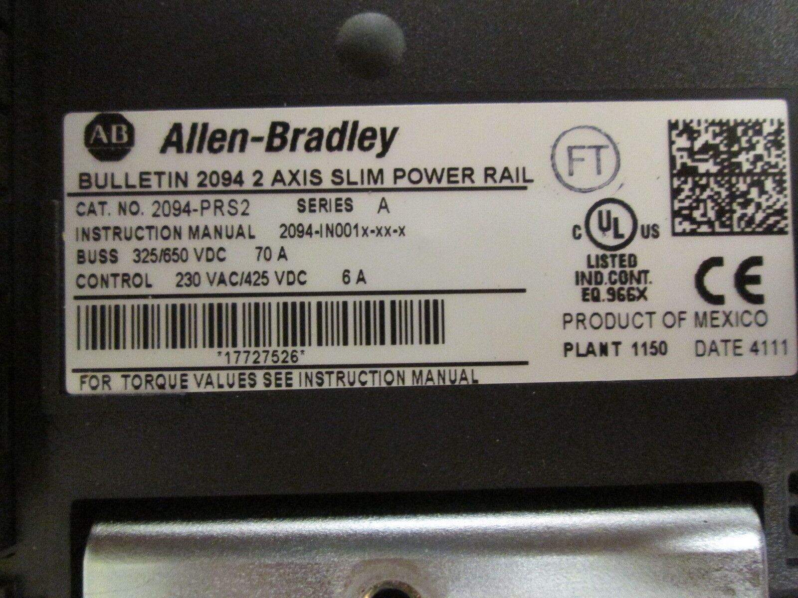 Allen-Bradley 2-Axis Slim Power Rail 2094-PRS2 Buss:325/650VDC 70A Used