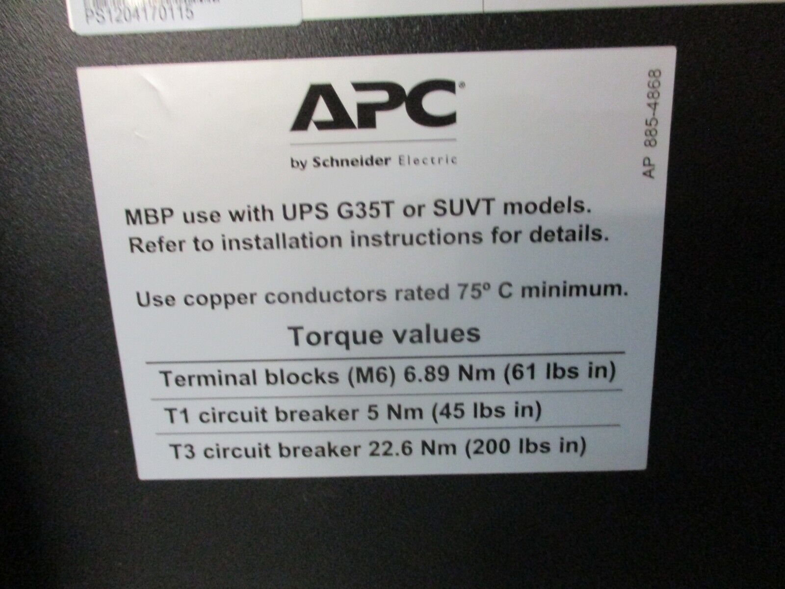 APC Maintenance Bypass Panel SBPSU20K30F-WP 30kVA/24kW 208Y/120V 60Hz 4W+G Used
