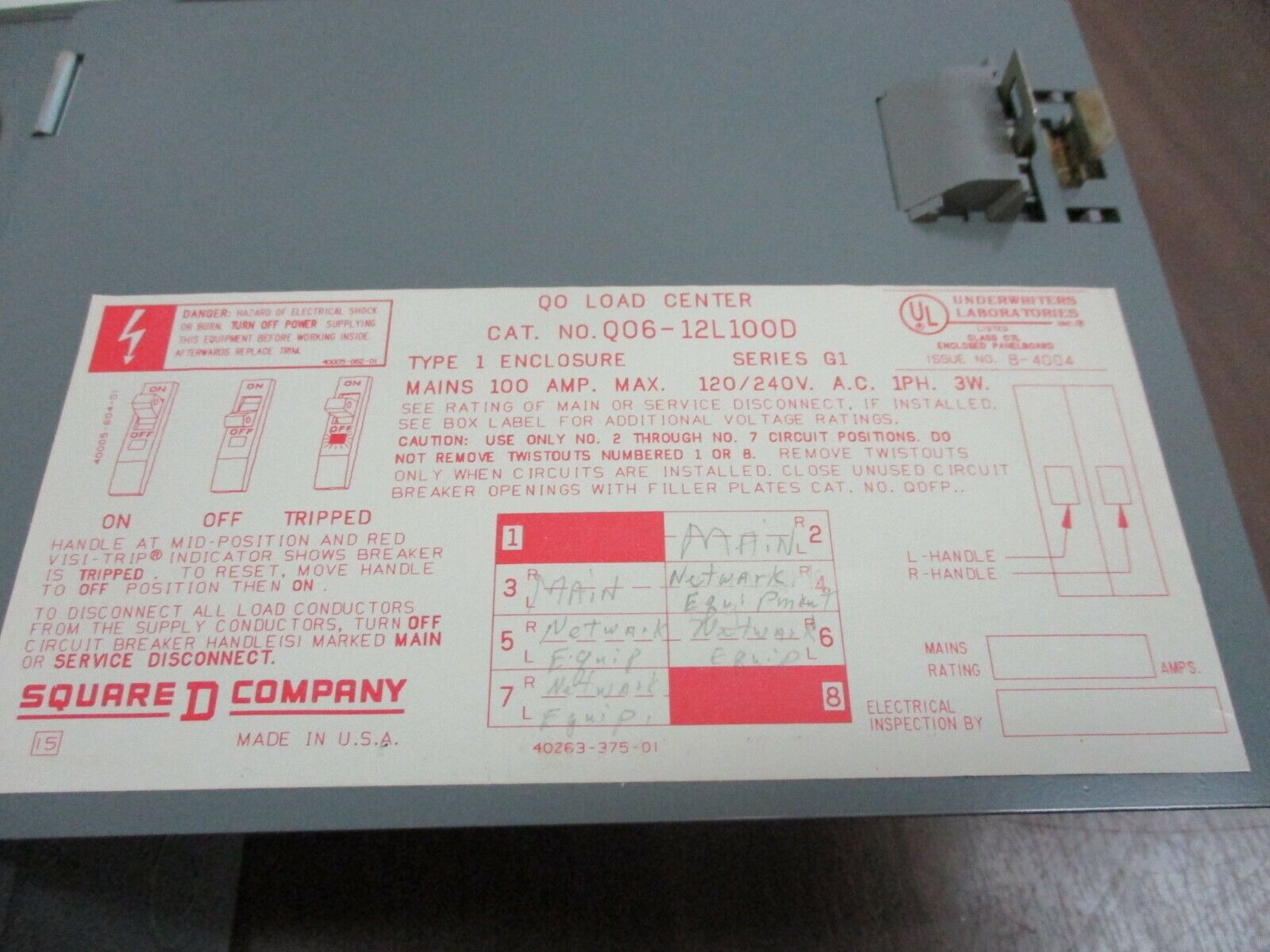 Square D QO Load Center QO6-12L100D 100A 120/240V Breakers: 1 50A 2P, 4 20A 1P