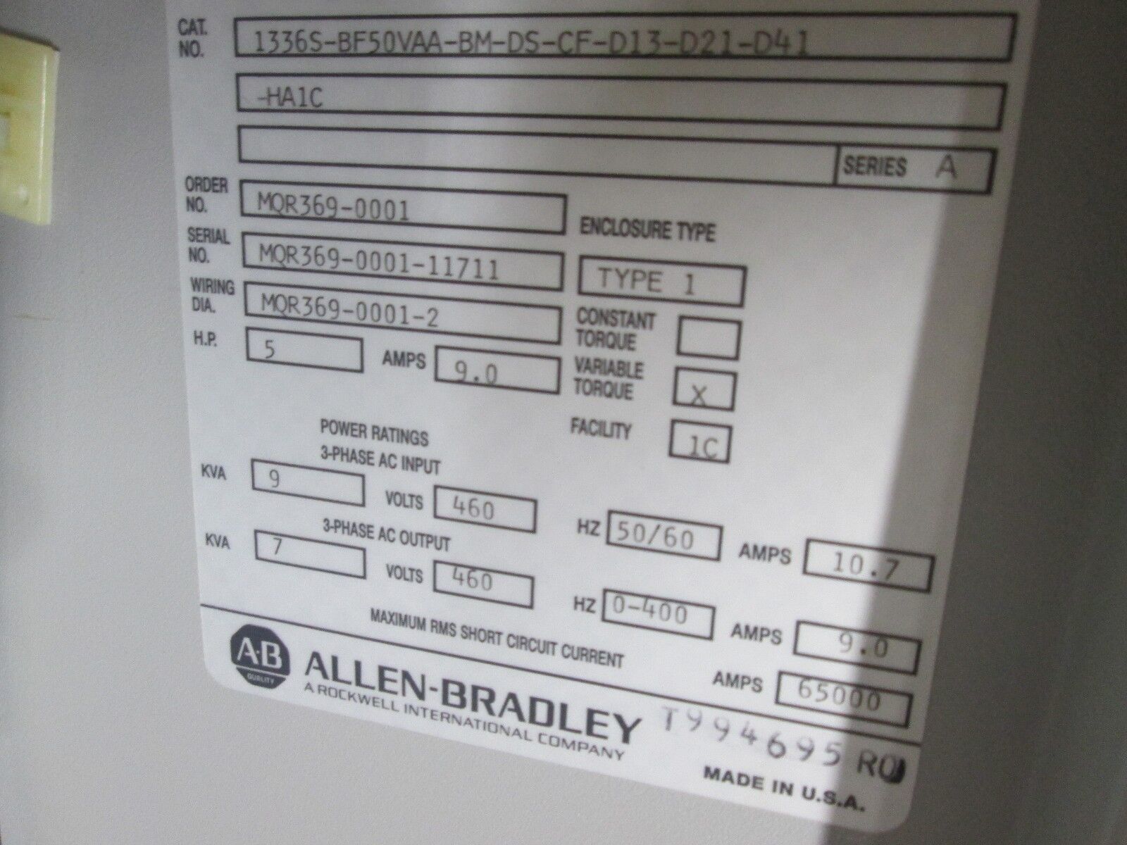 Allen-Bradley 1336 Plus AC Drive w/ Bypass, 1336S-BRF50-AN-EN-L6 5HP 3Ph Used