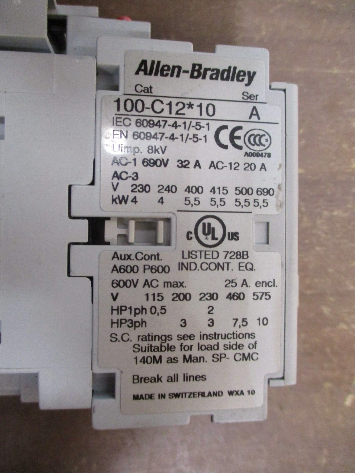 Allen-Bradley Contactor 100-C12*10 24V Coil 25A 600V Used
