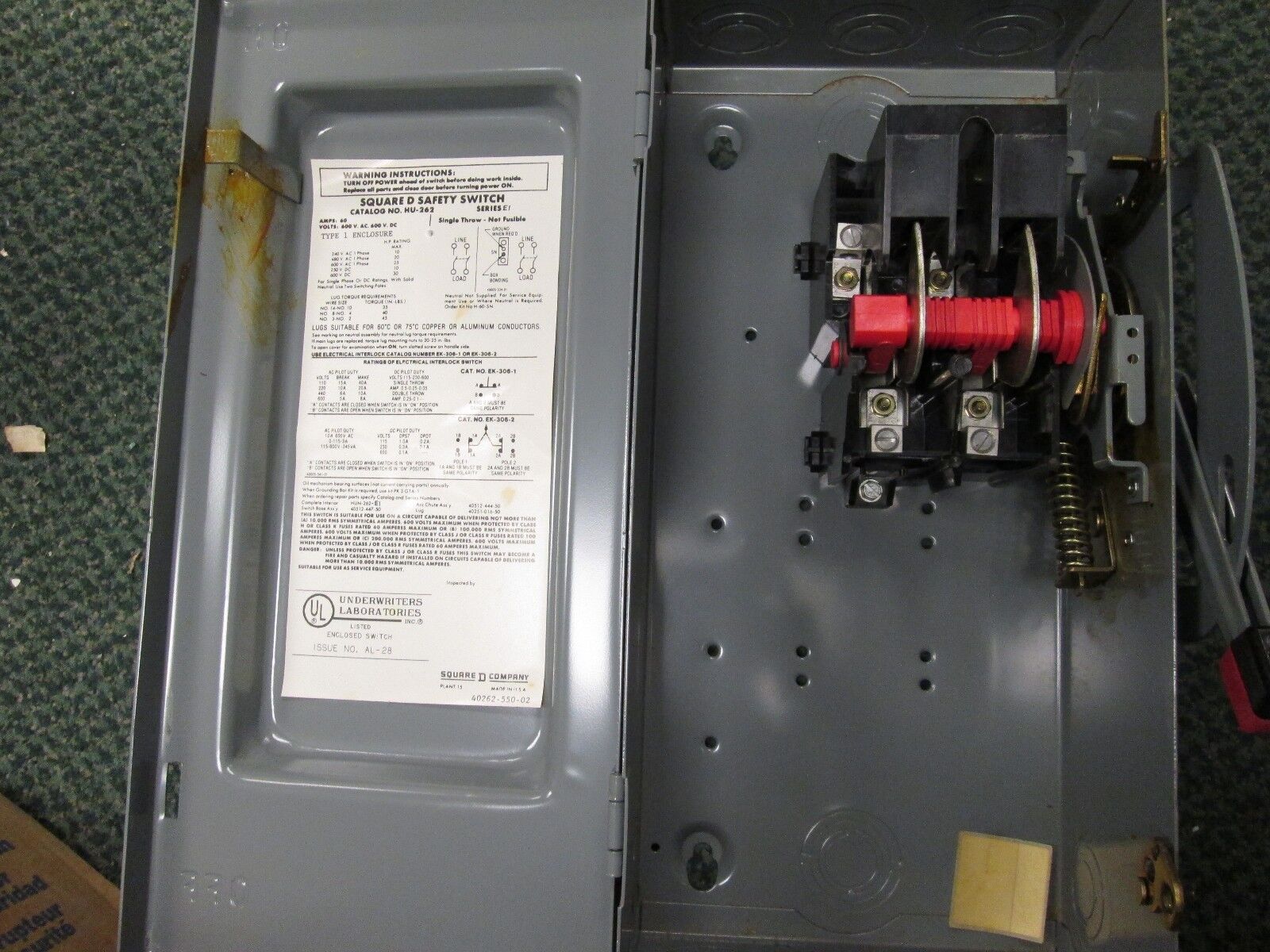 Square D Non-fusible Safety Switch HU-262 60A 600V 2P New Surplus