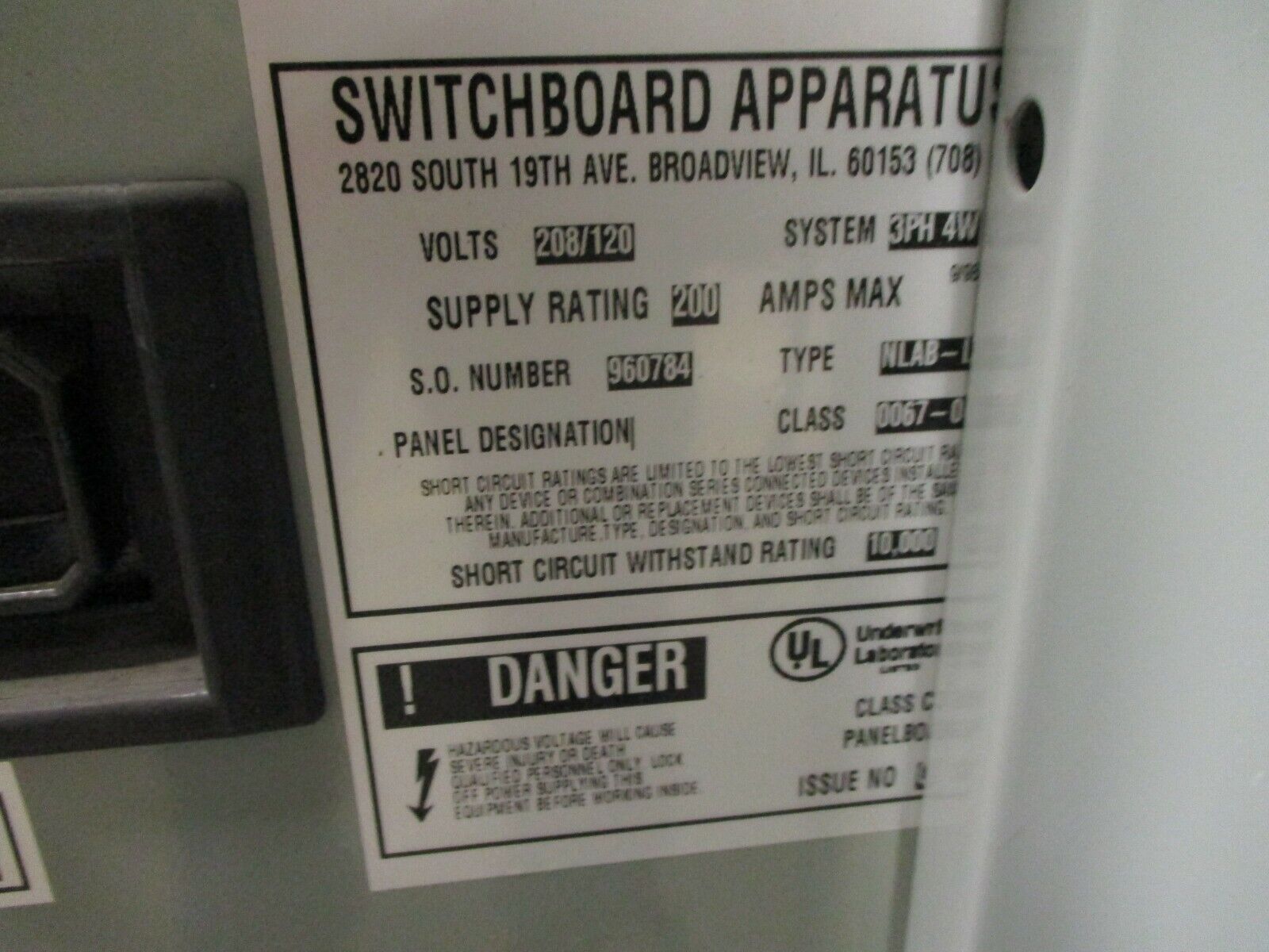Switchboard Apparatus Main Breaker Circuit Breaker Panel 960784 200A Max 208/120