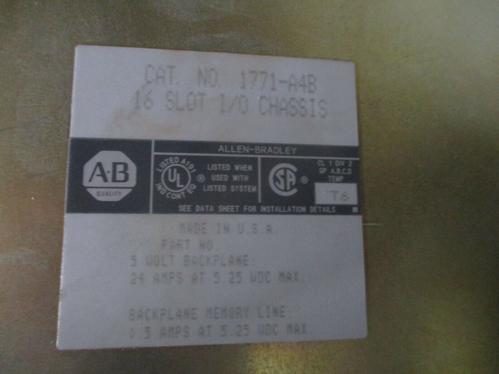 Allen-Bradley 16-Slot I/O Chassis 1771-A4B 5V 24A Used