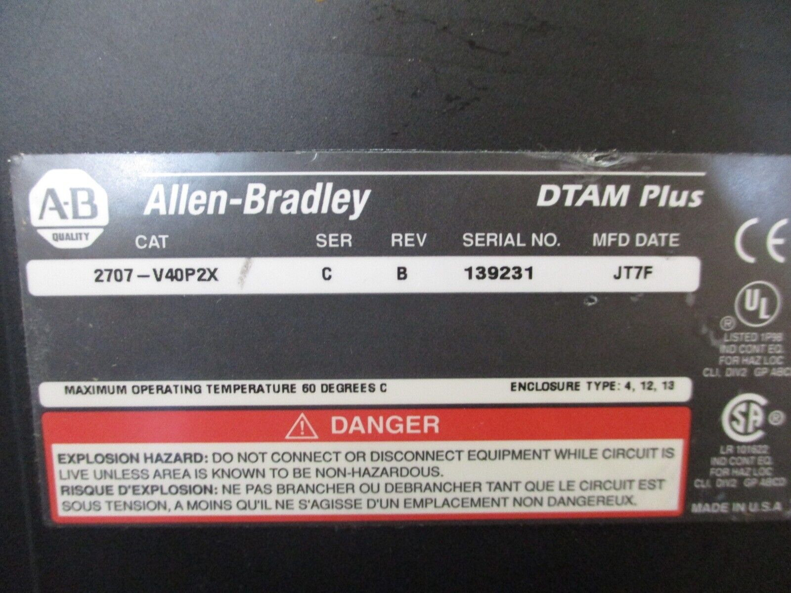 Allen-Bradley DTAM Plus Operator Interface 2707-V40P2X Ser. C Rev. B Used