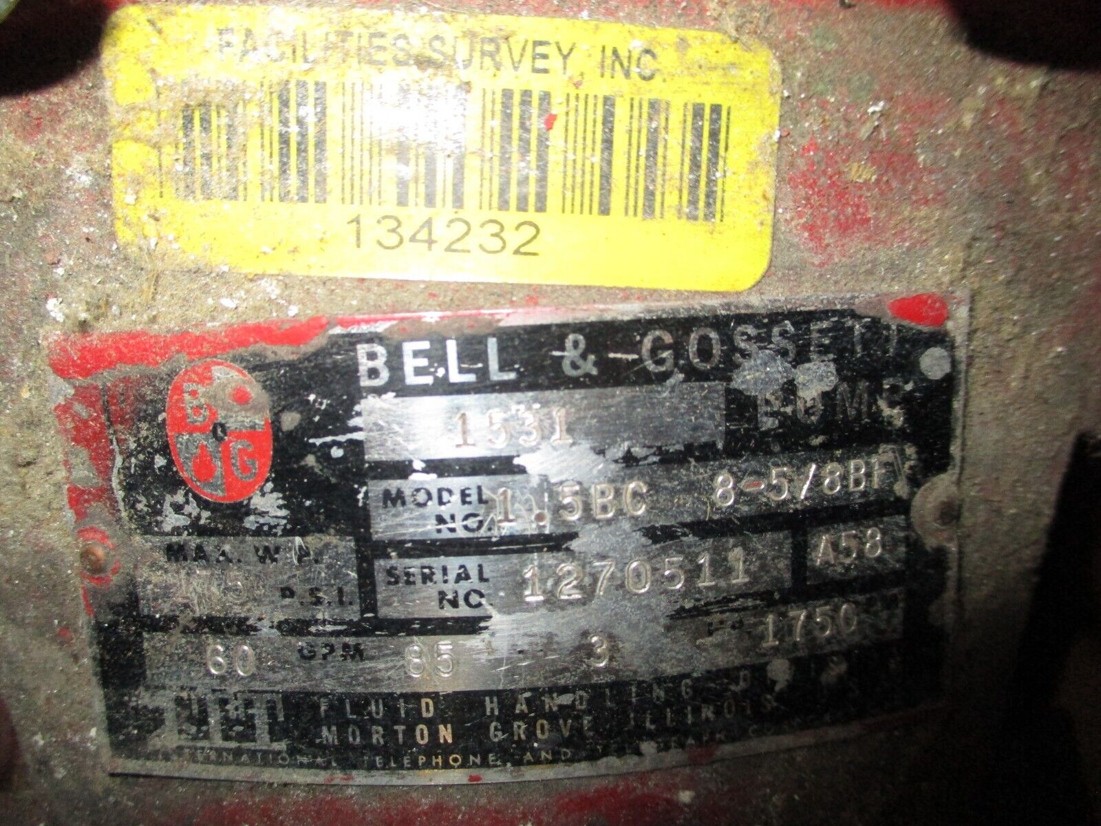 Bell & Gossett 1531 Pump 1.5BC 8-5/8BF 3HP 1750RPM 60GPM 85FT Head Used